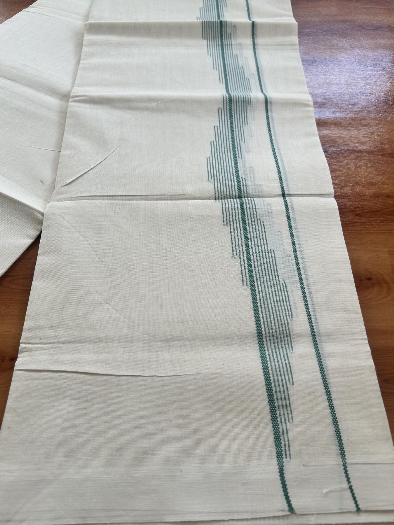 Double Off White (Unbleached) Mundu/Dhoti- 20% Discount! KaithariKada Pure Cotton - 100X80 - 1.5 inch Light Green Stripes Jacquard Design Kara - 4 mtr (8.5 Muzham) - 23 KK5452 THI