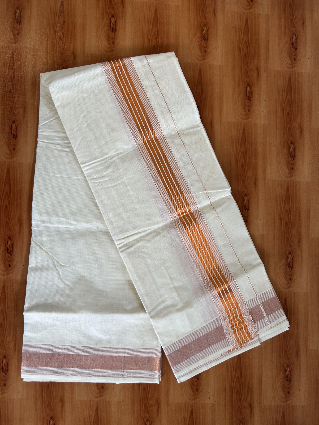 Neriyath Off White  (Unbleached) - 20% Discount!! KaithariKada Balaramapuram - 100% Pure Cotton - 70s - 1.75 Inch Copper Kasav Stripes Kara - 9 KK5399 VIN