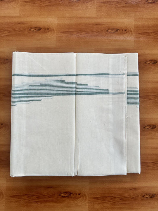 Double Off White (Unbleached) Mundu/Dhoti- 20% Discount! KaithariKada Pure Cotton - 100X80 - 1.5 inch Light Green Stripes Jacquard Design Kara - 4 mtr (8.5 Muzham) - 22 KK5452 THI