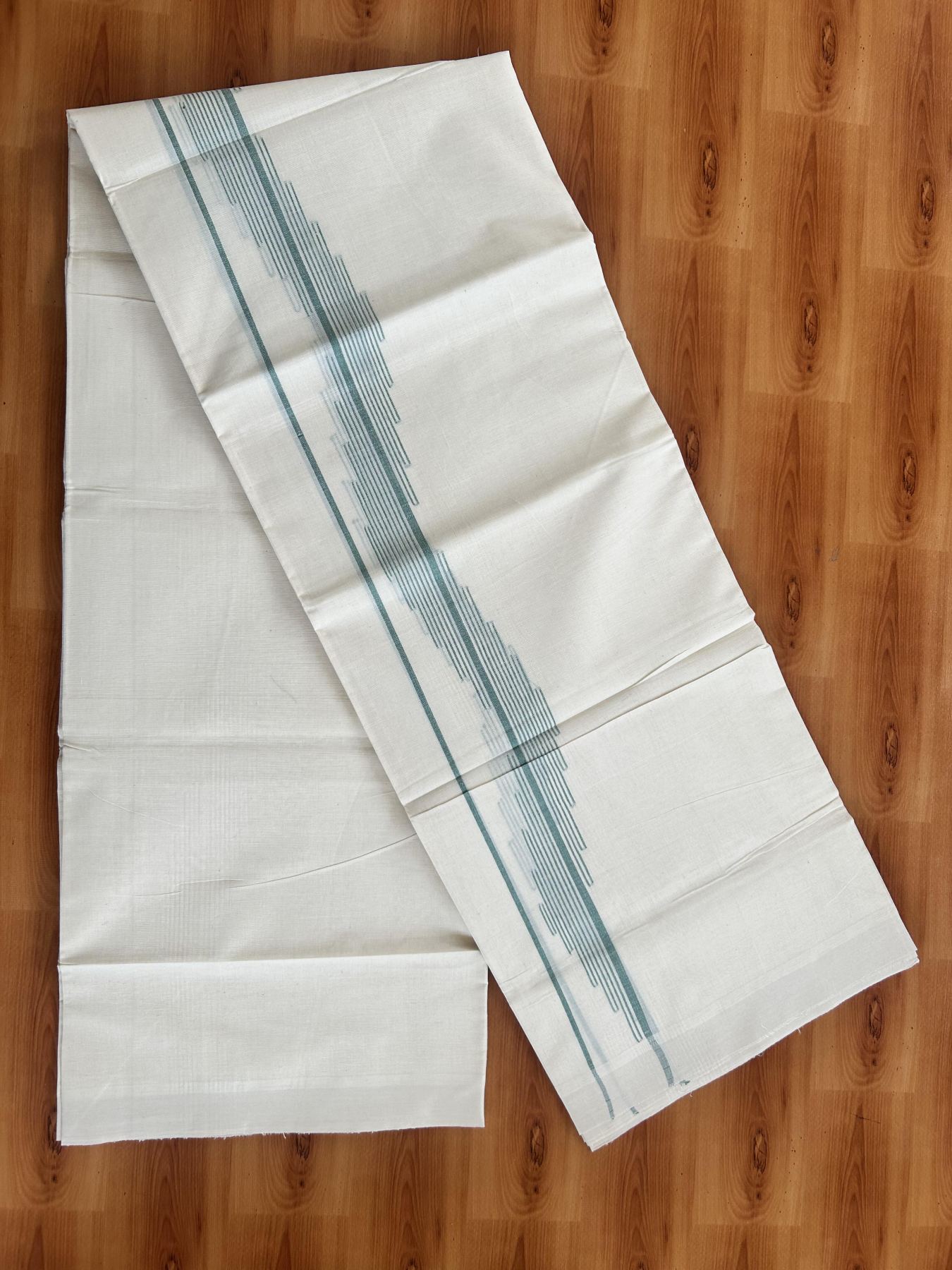 Double Off White (Unbleached) Mundu/Dhoti- 20% Discount! KaithariKada Pure Cotton - 100X80 - 1.5 inch Light Green Stripes Jacquard Design Kara - 4 mtr (8.5 Muzham) - 22 KK5452 THI