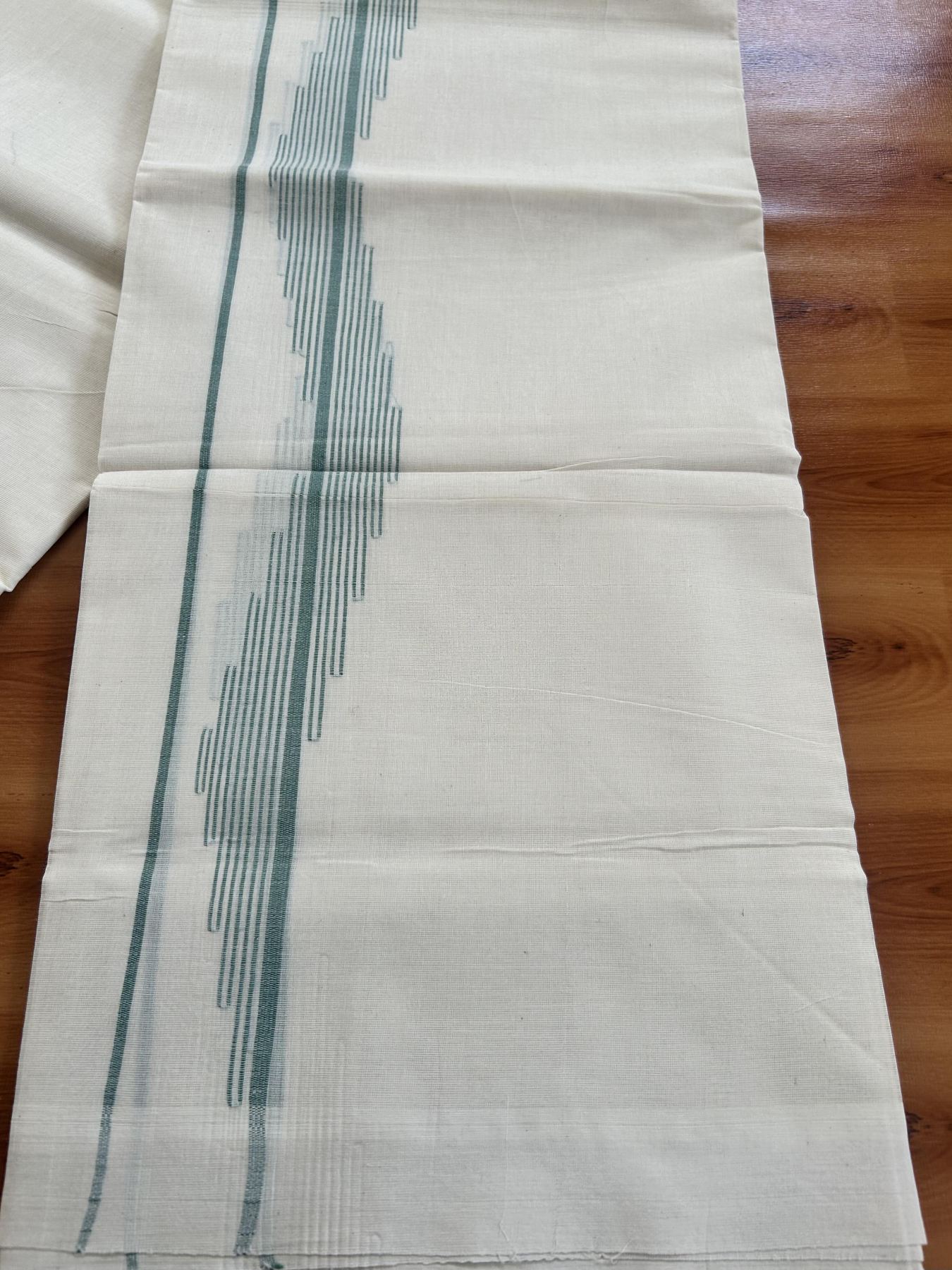 Double Off White (Unbleached) Mundu/Dhoti- 20% Discount! KaithariKada Pure Cotton - 100X80 - 1.5 inch Light Green Stripes Jacquard Design Kara - 4 mtr (8.5 Muzham) - 22 KK5452 THI