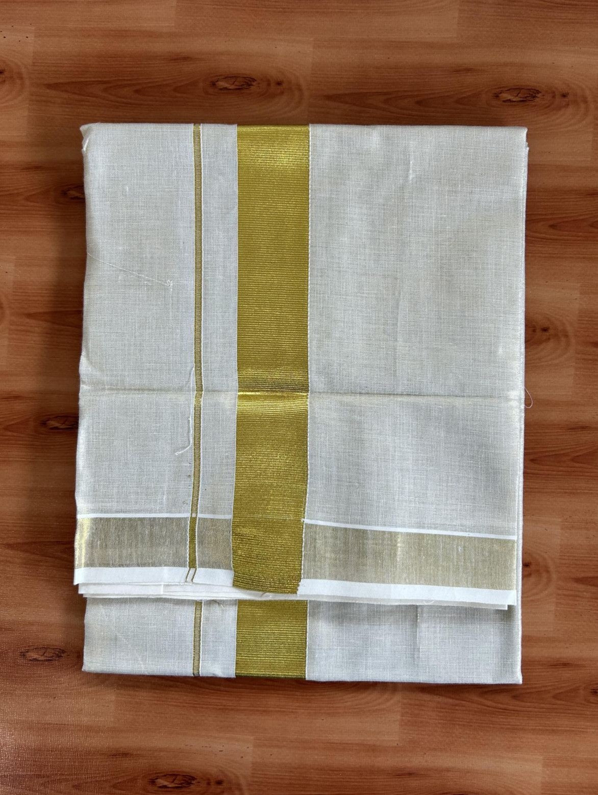 Neriyath Off White  (Unbleached) - 20% Discount!! KaithariKada Balaramapuram - 100% Pure Cotton - 70s - 1.5 Inch Gold Kasav Tissue Kara - 2.30 mtr - 10 KK5399 VIN
