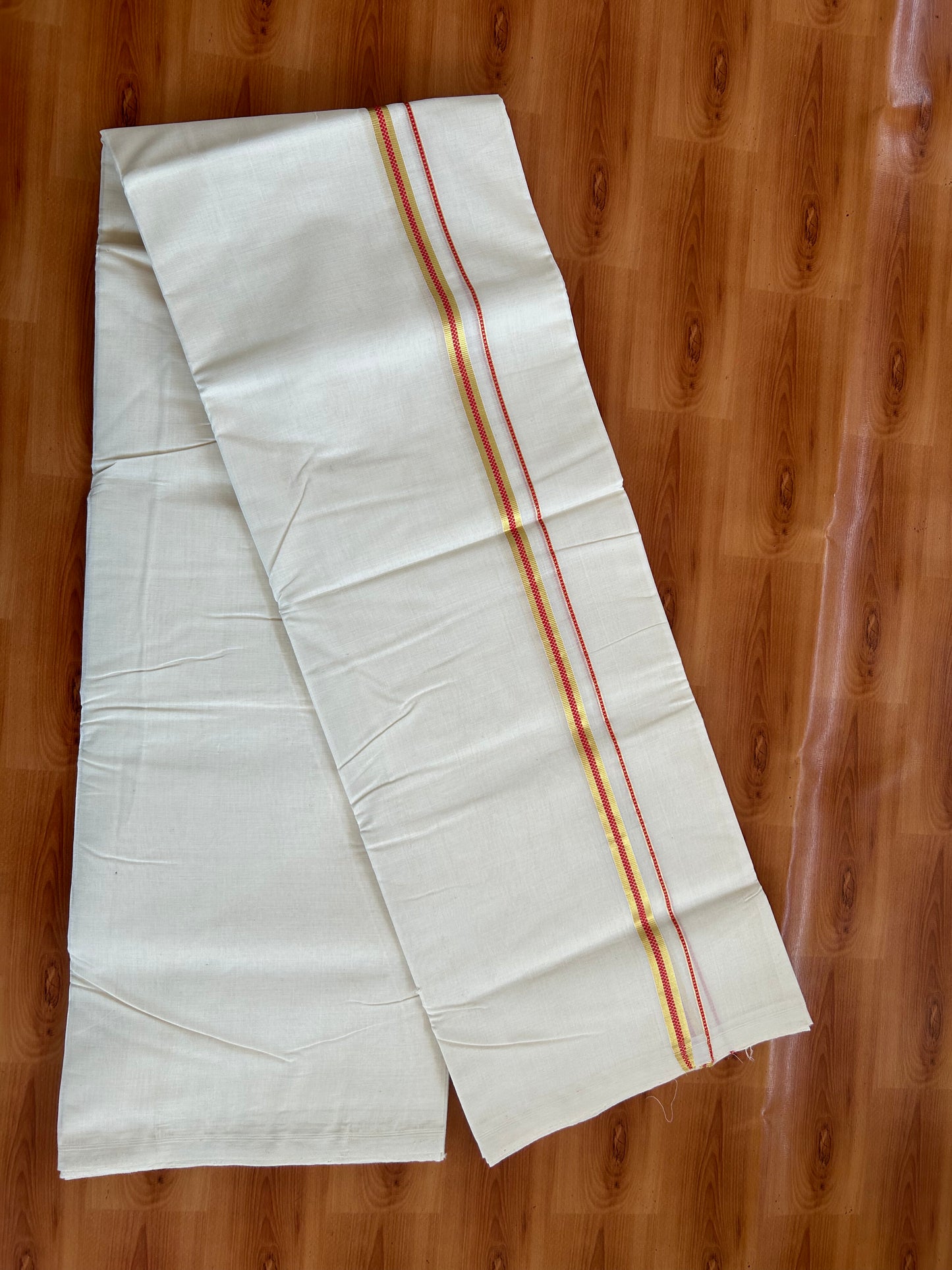 25% Discount ! KaithariKada Handloom Millpaav - Kerala Handloom - 100% Pure Cotton Off White (Unbleached) Double Mundu/Dhoti - 100x80 - 0.5 inch Gold Kasav & Red Muthukuri Kara 3.80 mtr (8 Muzham) - 18 KK5380 SOM