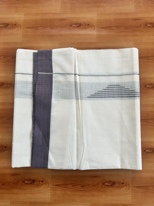 Double Off White (Unbleached) Mundu/Dhoti- 20% Discount! KaithariKada Pure Cotton - 100X80 - 1.25 inch Silver Kasav Shaded & Brown Stripes Jacquard Design Kara - 4 mtr (8.5 Muzham) - 30 KK5452 THI