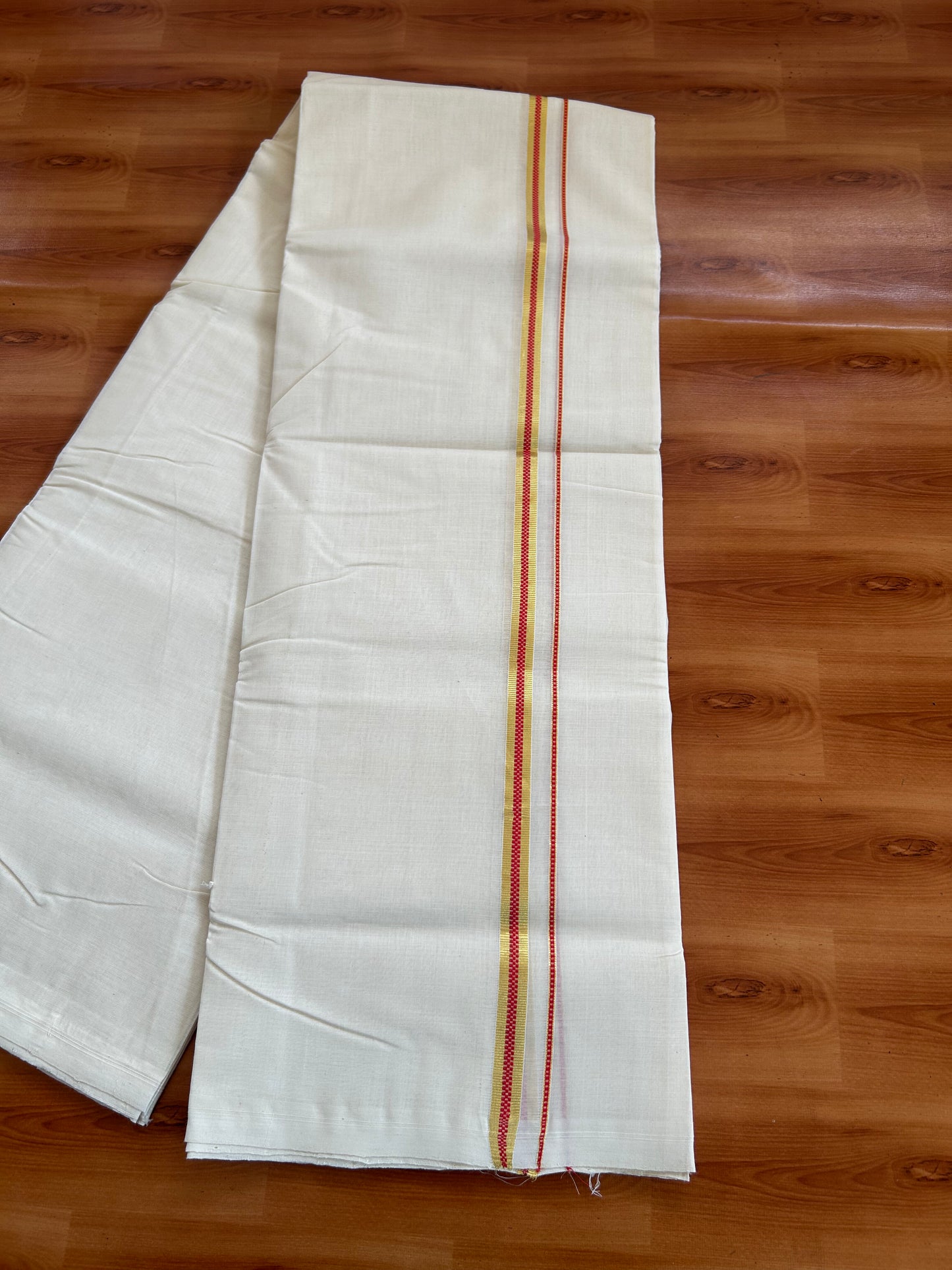 25% Discount ! KaithariKada Handloom Millpaav - Kerala Handloom - 100% Pure Cotton Off White (Unbleached) Double Mundu/Dhoti - 100x80 - 0.5 inch Gold Kasav & Red Muthukuri Kara 3.80 mtr (8 Muzham) - 18 KK5380 SOM