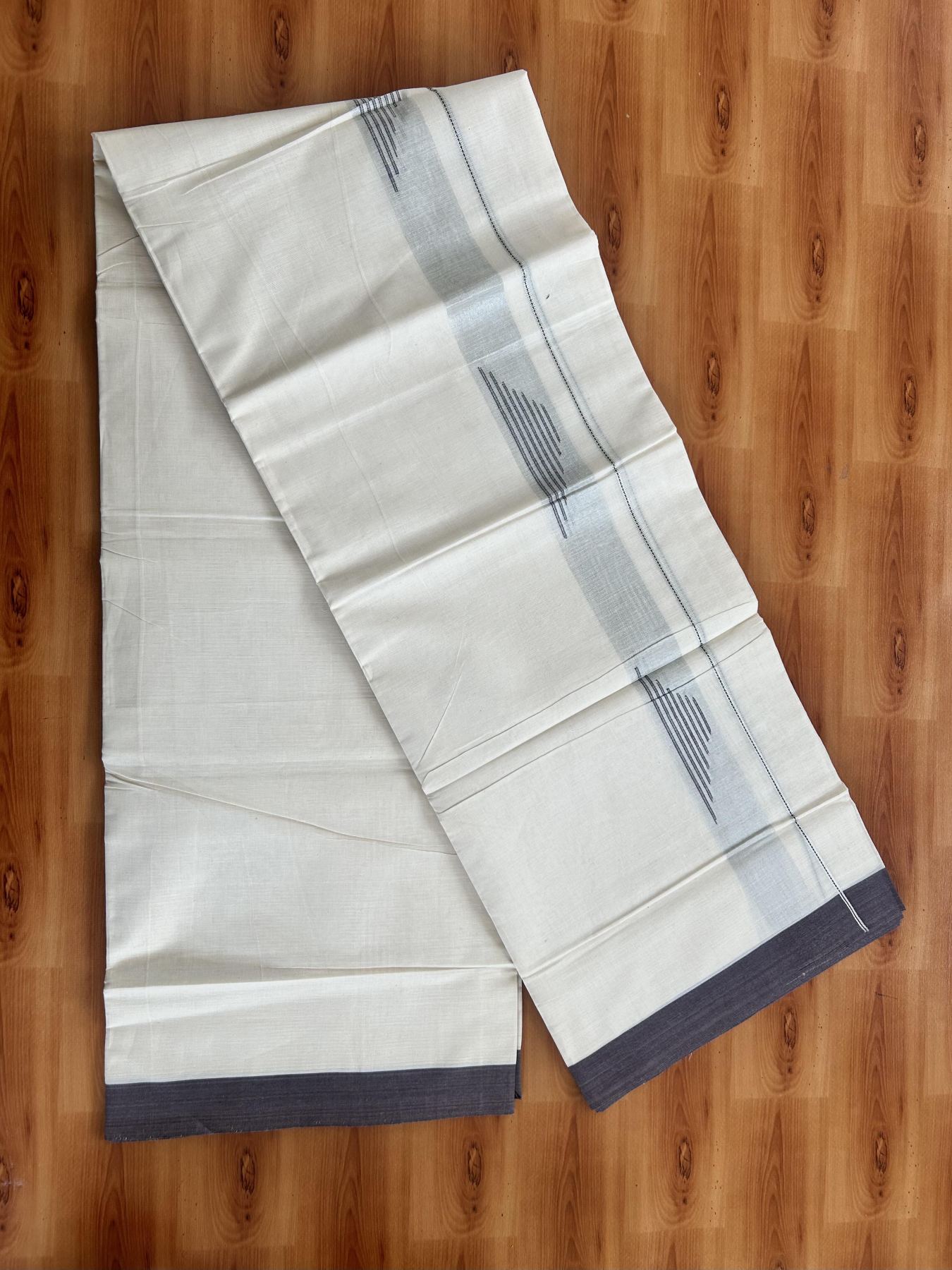 Double Off White (Unbleached) Mundu/Dhoti- 20% Discount! KaithariKada Pure Cotton - 100X80 - 1.25 inch Silver Kasav Shaded & Brown Stripes Jacquard Design Kara - 4 mtr (8.5 Muzham) - 30 KK5452 THI
