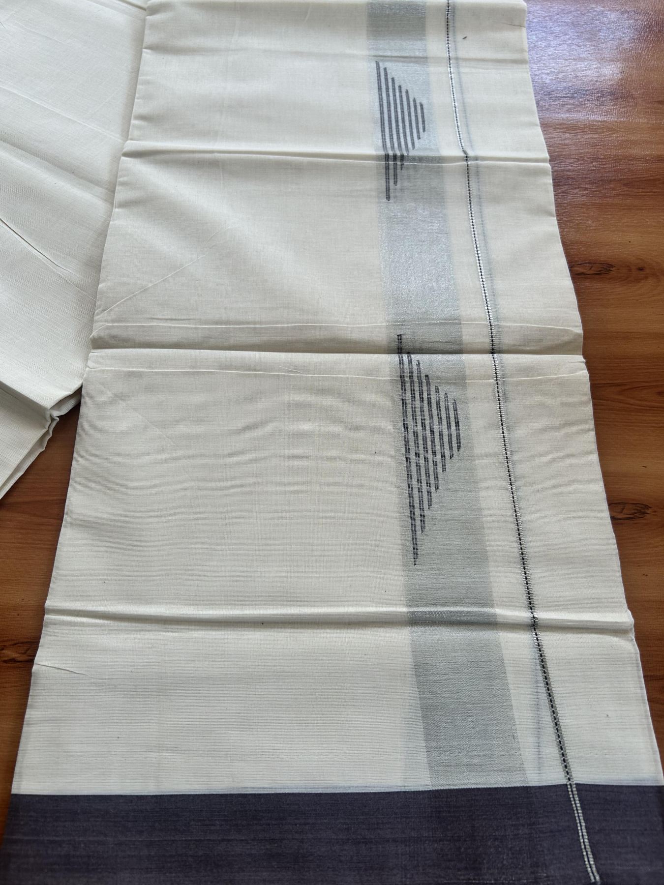 Double Off White (Unbleached) Mundu/Dhoti- 20% Discount! KaithariKada Pure Cotton - 100X80 - 1.25 inch Silver Kasav Shaded & Brown Stripes Jacquard Design Kara - 4 mtr (8.5 Muzham) - 30 KK5452 THI