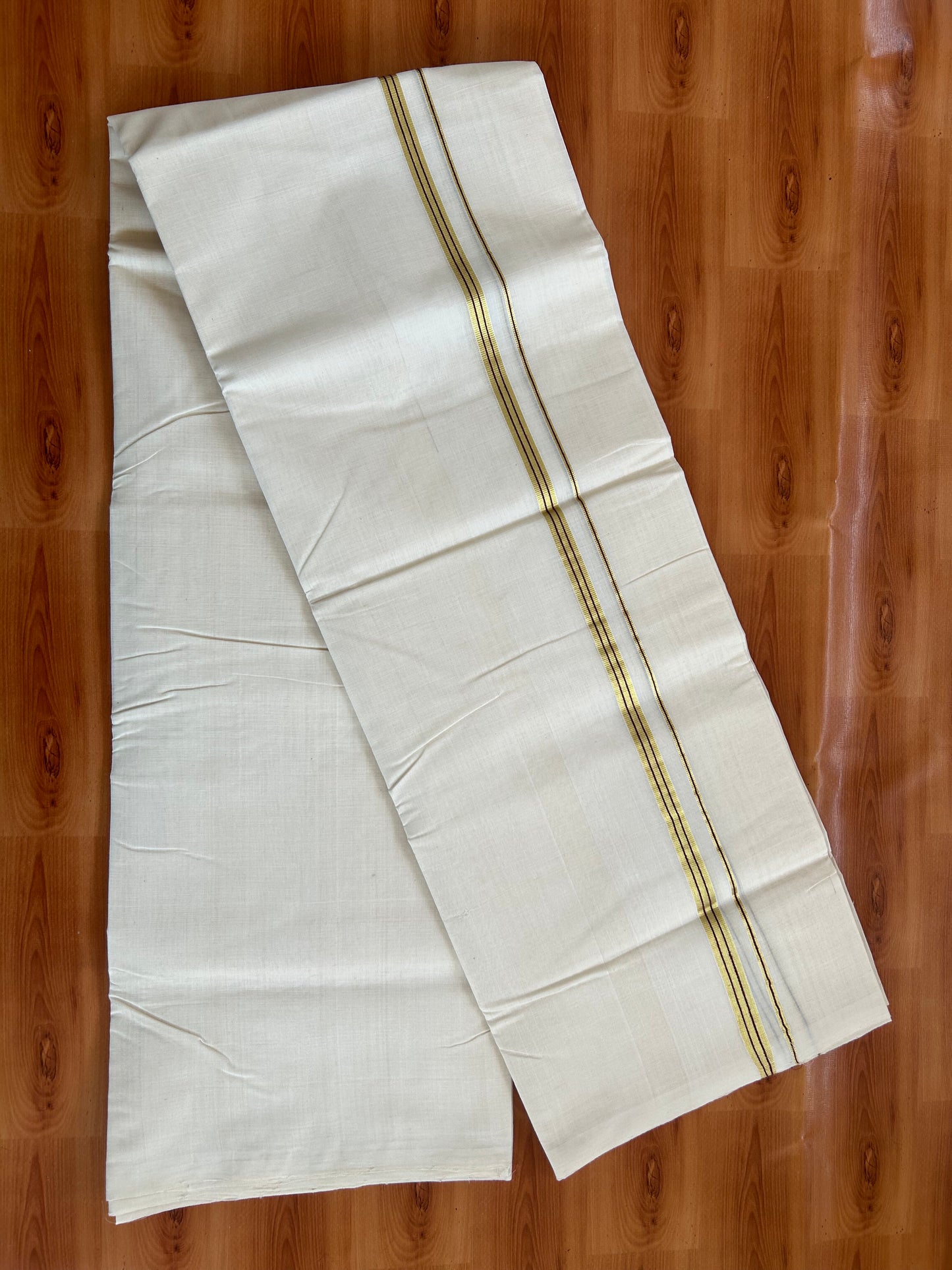 25% Discount ! KaithariKada Handloom Millpaav - Kerala Handloom - 100% Pure Cotton Off White Unbleached) Double Mundu/Dhoti - 100x80 - 0.5 Inch Gold Kasav & Chocolate Brown Striped Kara 3.80 mtr (8 Muzham) - 78 KK5380 SOM