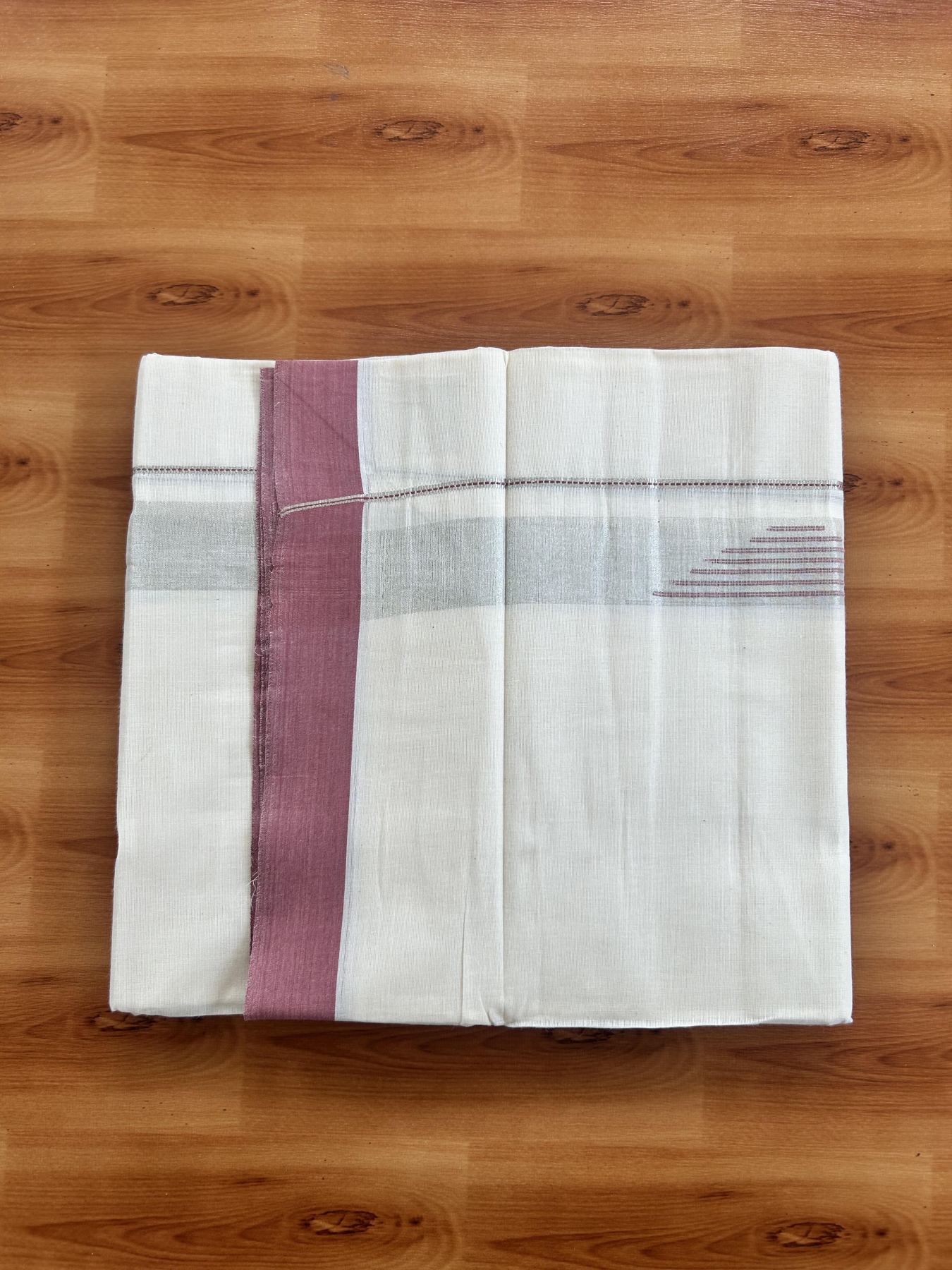 Double Off White (Unbleached) Mundu/Dhoti- 20% Discount! KaithariKada Pure Cotton - 100X80 - 1.25 inch Silver Kasav Shaded & Dusty Pink Stripes Jacquard Design Kara - 4 mtr (8.5 Muzham) - 27 KK5452 THI