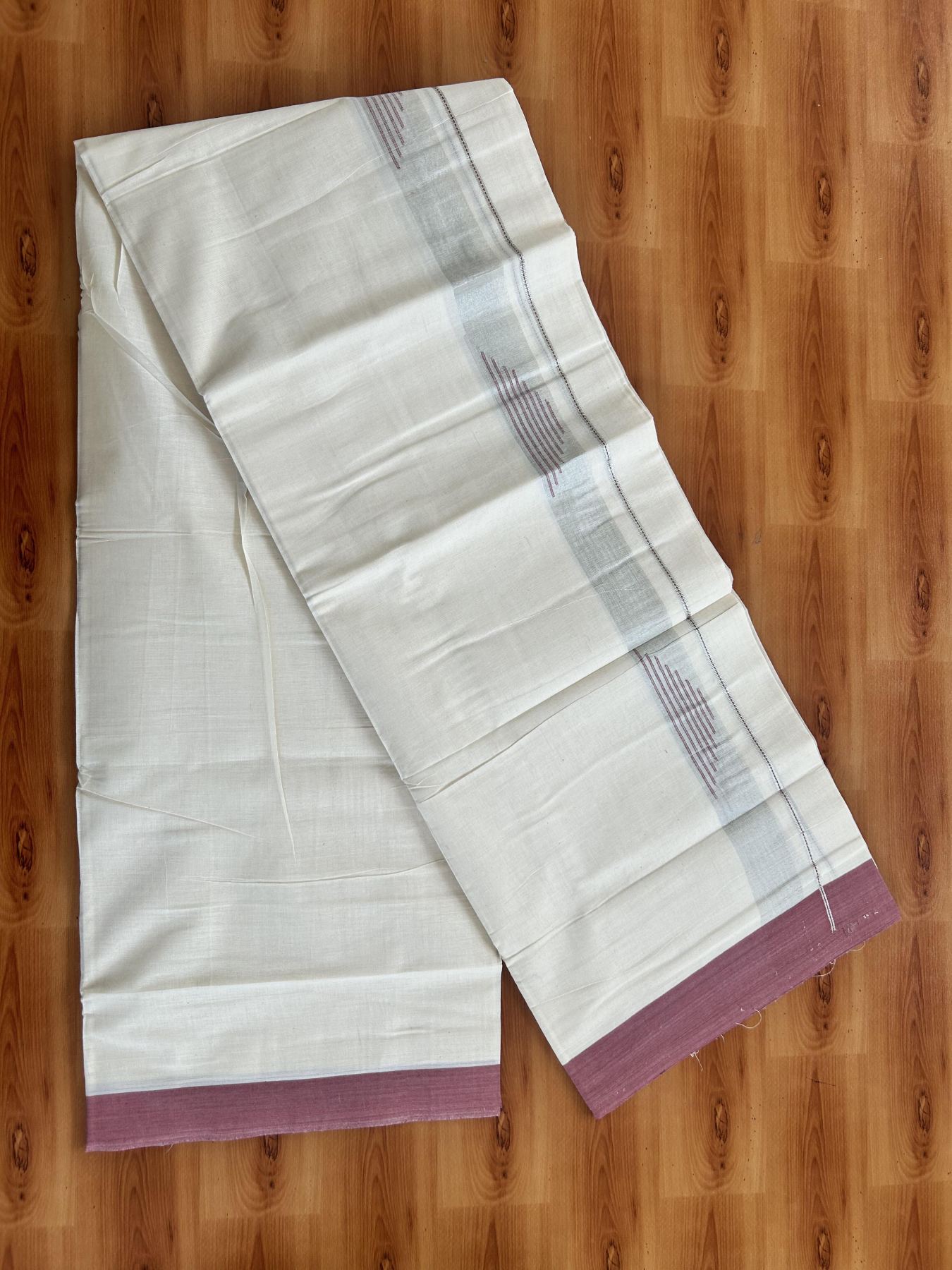 Double Off White (Unbleached) Mundu/Dhoti- 20% Discount! KaithariKada Pure Cotton - 100X80 - 1.25 inch Silver Kasav Shaded & Dusty Pink Stripes Jacquard Design Kara - 4 mtr (8.5 Muzham) - 27 KK5452 THI