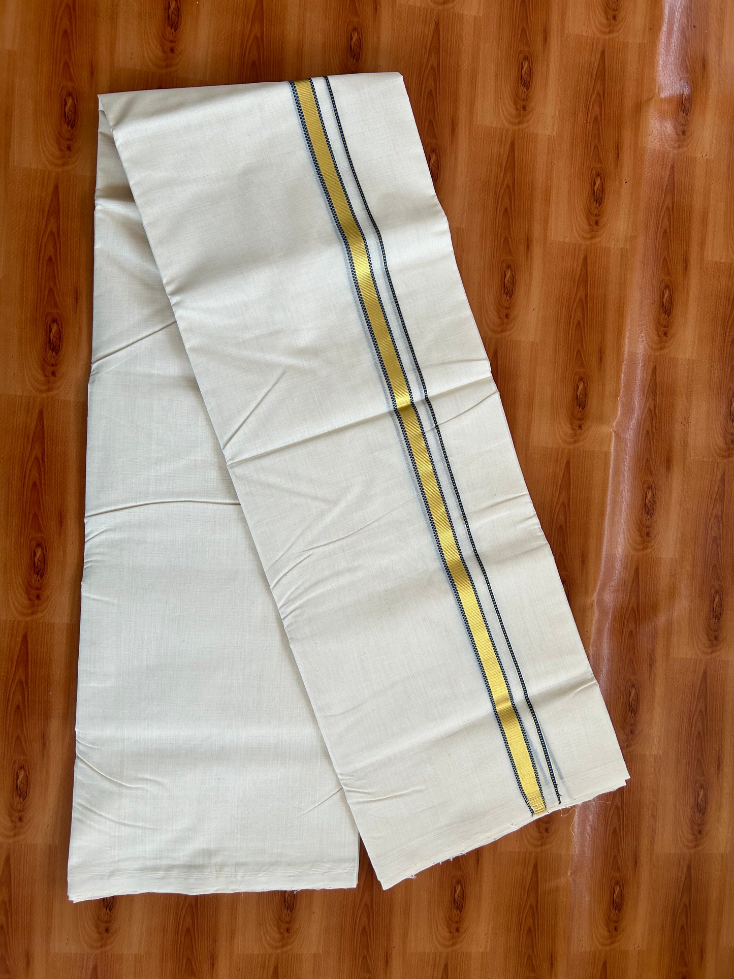 25% Discount ! KaithariKada Handloom Millpaav - Kerala Handloom - 100% Pure Cotton Off White Unbleached) Double Mundu/Dhoti - 100x80 - 0.5 Inch Gold Kasav & Blue Muthukuri Kara 3.80 mtr (8 Muzham) - 83 KK5380 SOM
