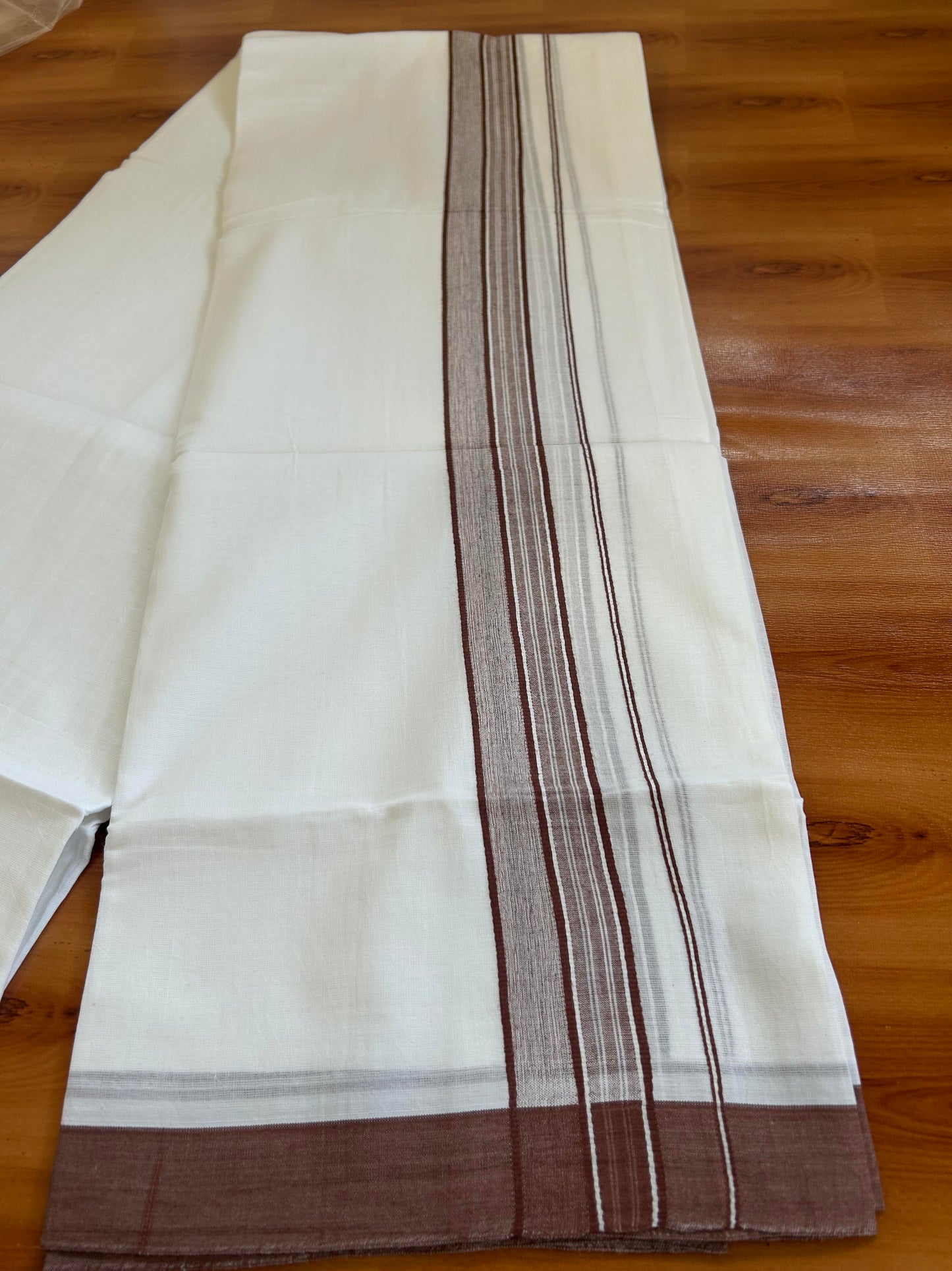 Double Pure White Mundu/Dhoti -20% Discount ! KaithariKada Balaramapuram 100% Cotton - 60s - 1.75 Inch Chocolate Brown Shaded Striped Kara - 3.80mtr ( 8 muzham) - 46 KK5398 PMC