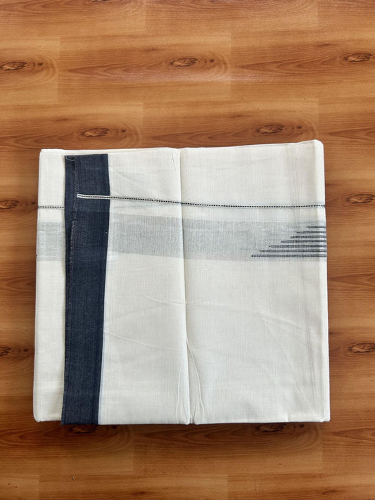 Double Off White (Unbleached) Mundu/Dhoti- 20% Discount! KaithariKada Pure Cotton - 100X80 - 1.25 inch Silver Kasav Shaded & Black Stripes Jacquard Design Kara - 4 mtr (8.5 Muzham) - 28 KK5452 THI