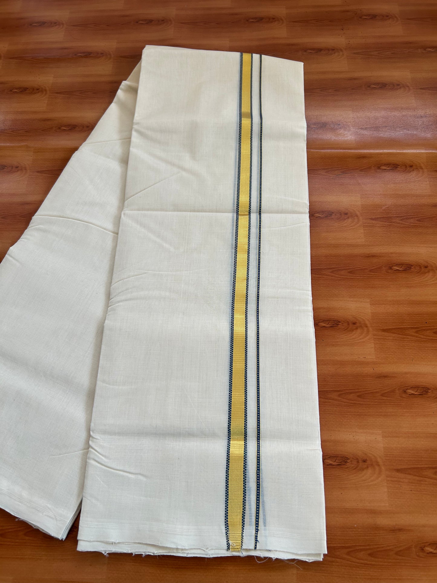 25% Discount ! KaithariKada Handloom Millpaav - Kerala Handloom - 100% Pure Cotton Off White Unbleached) Double Mundu/Dhoti - 100x80 - 0.5 Inch Gold Kasav & Blue Muthukuri Kara 3.80 mtr (8 Muzham) - 83 KK5380 SOM