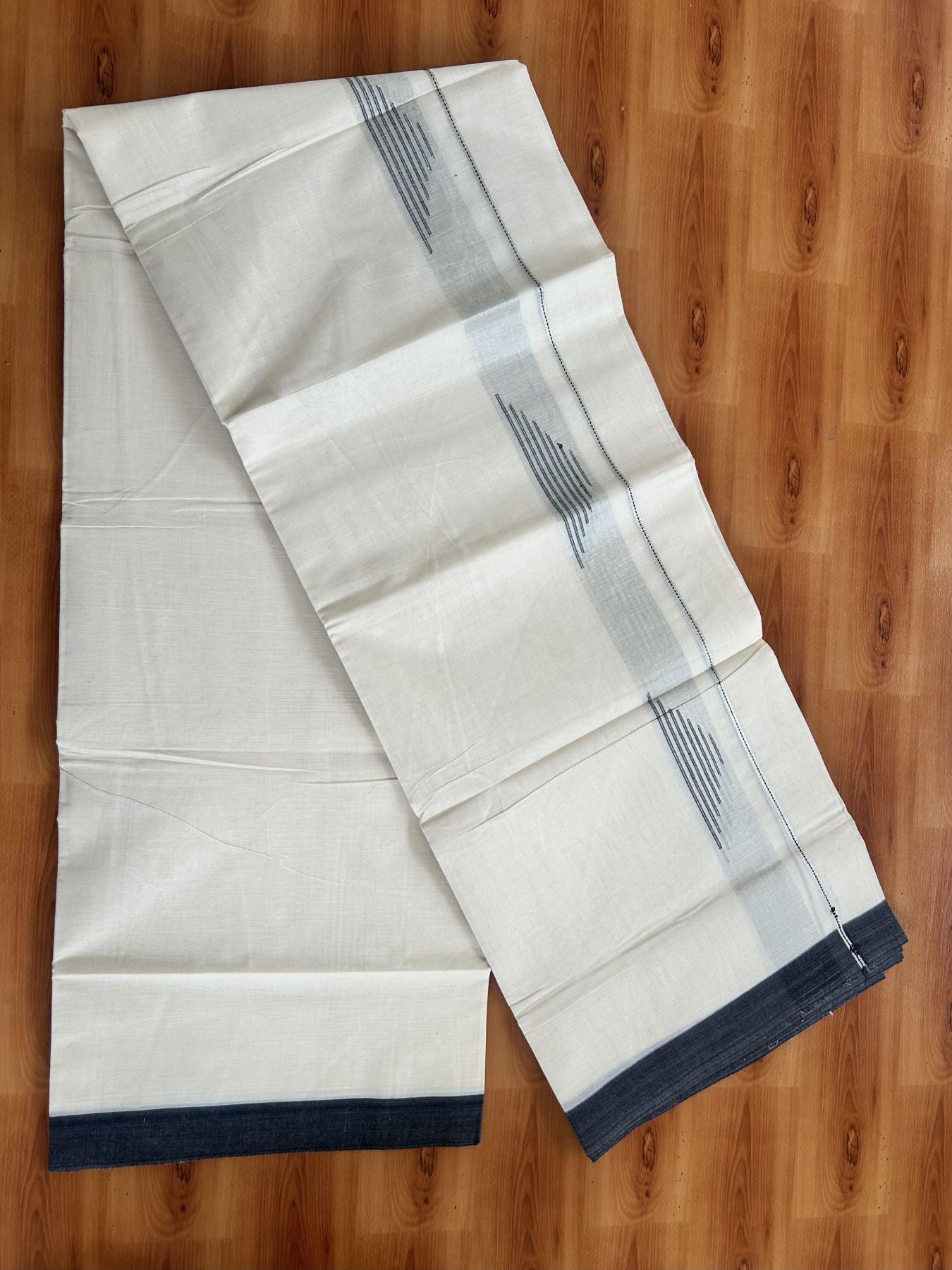 Double Off White (Unbleached) Mundu/Dhoti- 20% Discount! KaithariKada Pure Cotton - 100X80 - 1.25 inch Silver Kasav Shaded & Black Stripes Jacquard Design Kara - 4 mtr (8.5 Muzham) - 28 KK5452 THI