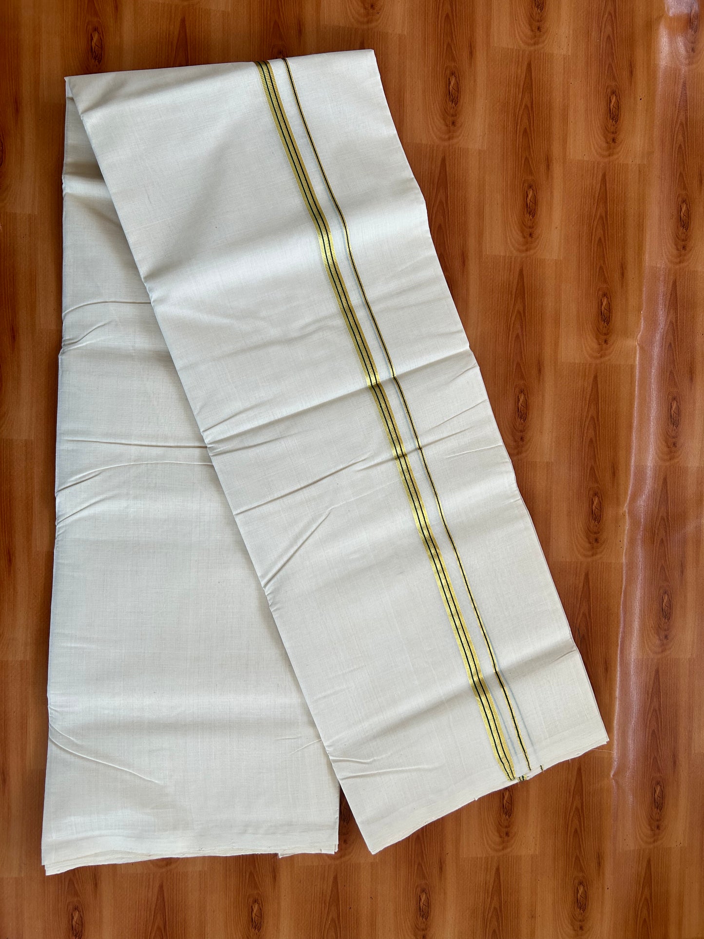 25% Discount ! KaithariKada Handloom Millpaav - Kerala Handloom - 100% Pure Cotton Off White Unbleached) Double Mundu/Dhoti - 100x80 - 0.5 Inch Gold Kasav & Black Striped Kara 3.80 mtr (8 Muzham) - 80 KK5380 SOM