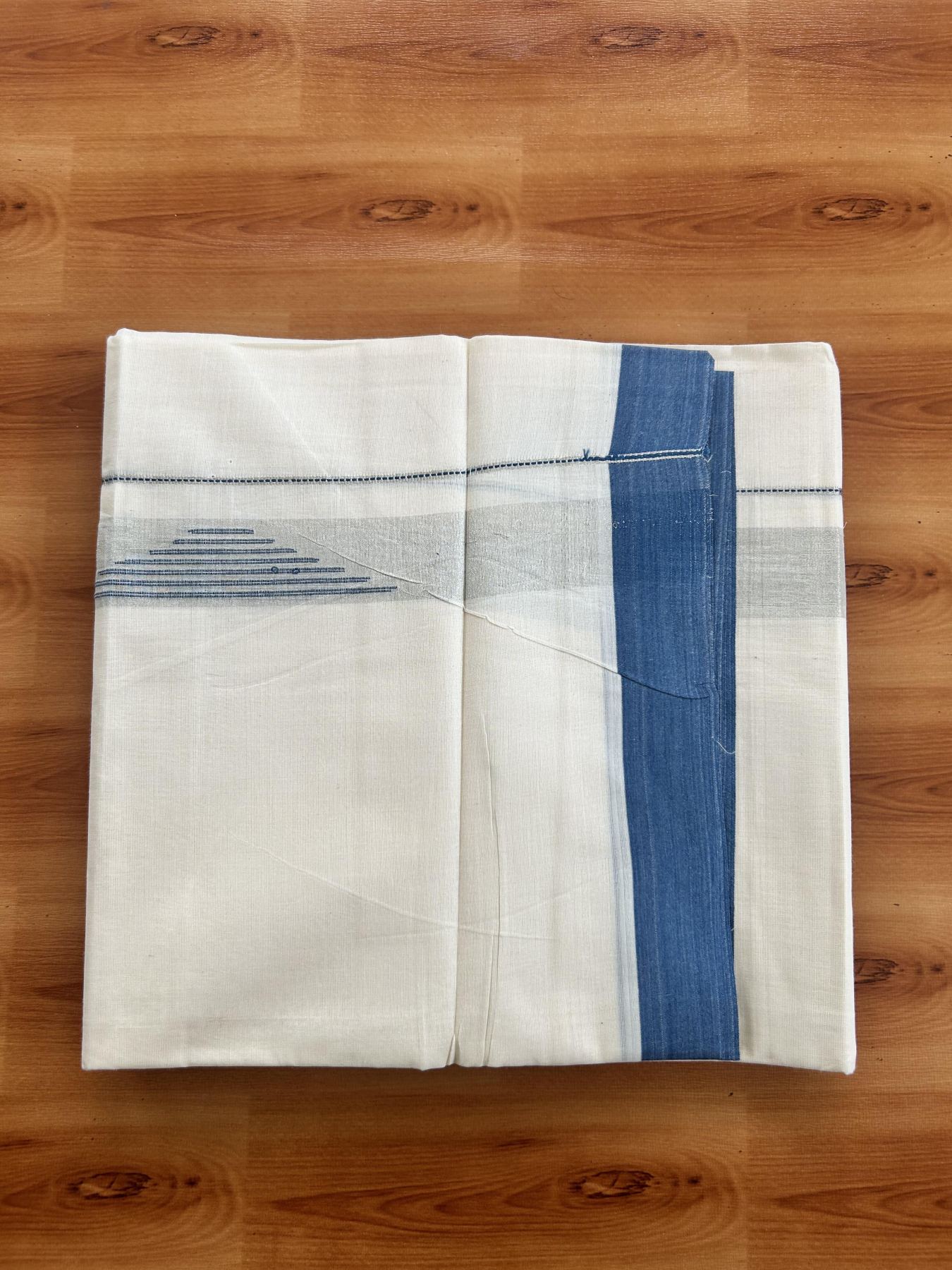 Double Off White (Unbleached) Mundu/Dhoti- 20% Discount! KaithariKada Pure Cotton - 100X80 - 1.25 inch Silver Kasav Shaded & Peacock Blue Stripes Jacquard Design Kara - 4 mtr (8.5 Muzham) - 29 KK5452 THI