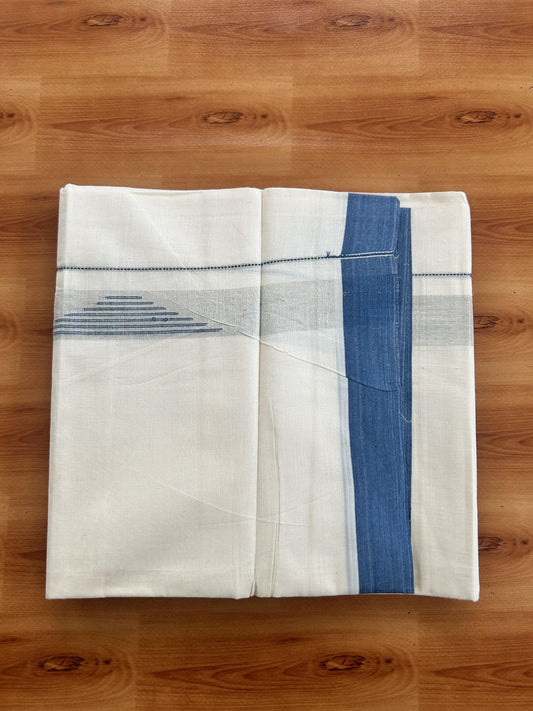 Double Off White (Unbleached) Mundu/Dhoti- 20% Discount! KaithariKada Pure Cotton - 100X80 - 1.25 inch Silver Kasav Shaded & Peacock Blue Stripes Jacquard Design Kara - 4 mtr (8.5 Muzham) - 29 KK5452 THI