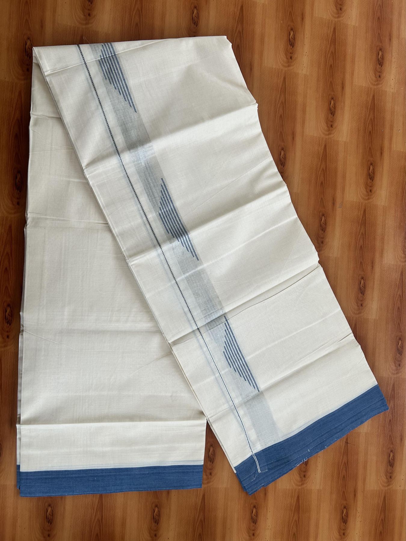 Double Off White (Unbleached) Mundu/Dhoti- 20% Discount! KaithariKada Pure Cotton - 100X80 - 1.25 inch Silver Kasav Shaded & Peacock Blue Stripes Jacquard Design Kara - 4 mtr (8.5 Muzham) - 29 KK5452 THI