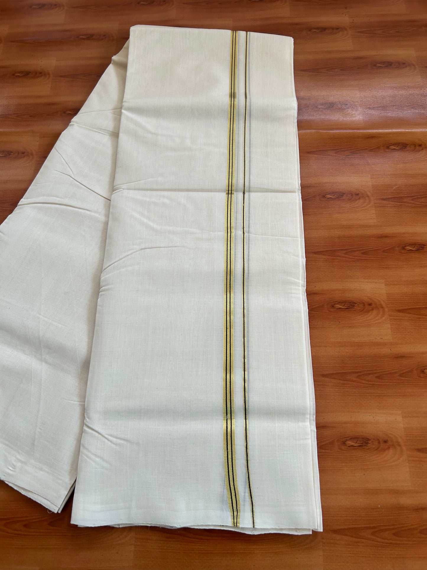 25% Discount ! KaithariKada Handloom Millpaav - Kerala Handloom - 100% Pure Cotton Off White Unbleached) Double Mundu/Dhoti - 100x80 - 0.5 Inch Gold Kasav & Black Striped Kara 3.80 mtr (8 Muzham) - 80 KK5380 SOM