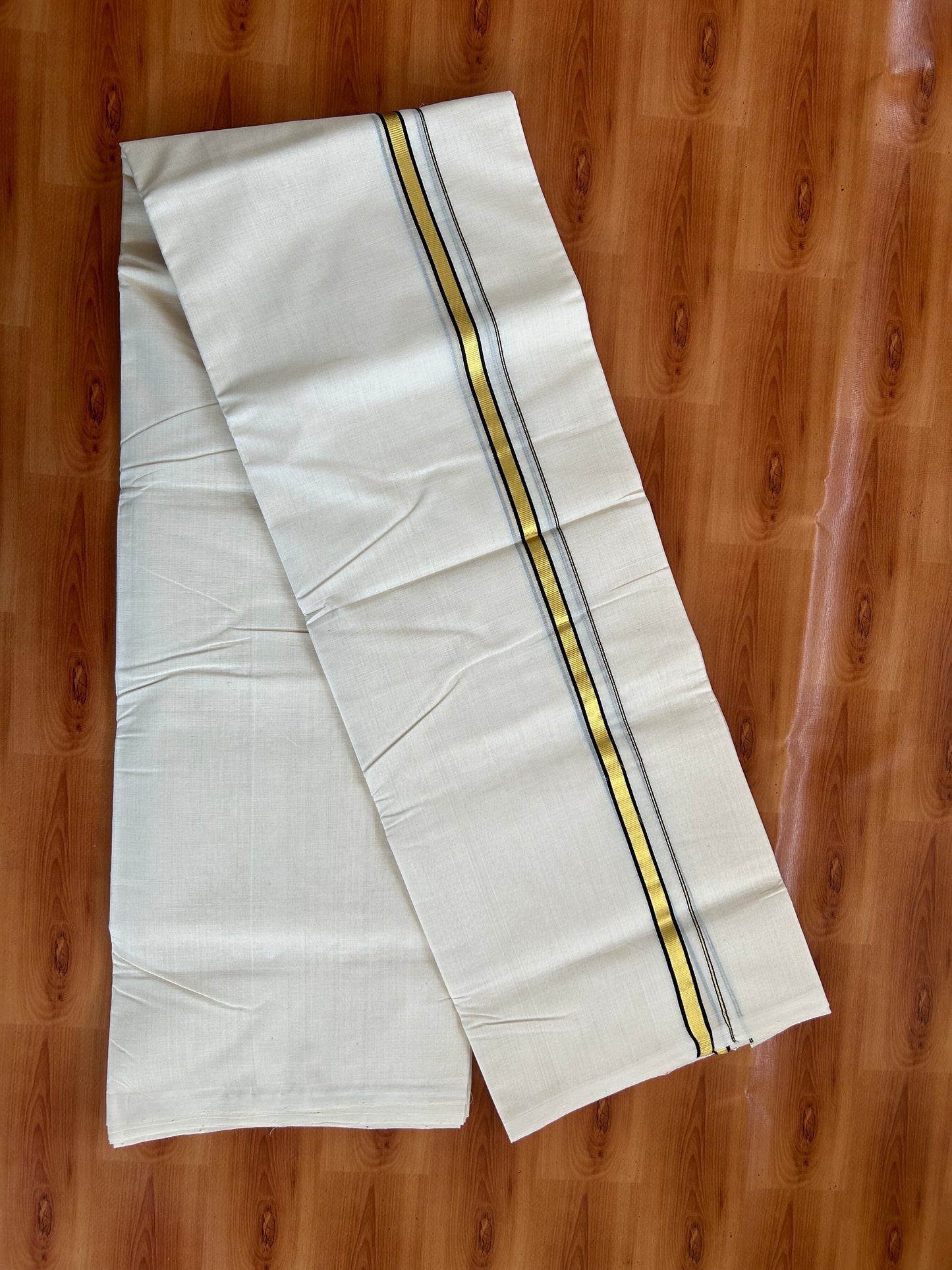 25% Discount ! KaithariKada Handloom Millpaav - Kerala Handloom - 100% Pure Cotton Off White Unbleached) Double Mundu/Dhoti - 100x80 - 0.5 Inch Gold Kasav & Black Kara 3.80 mtr (8 Muzham) - 77 KK5380 SOM