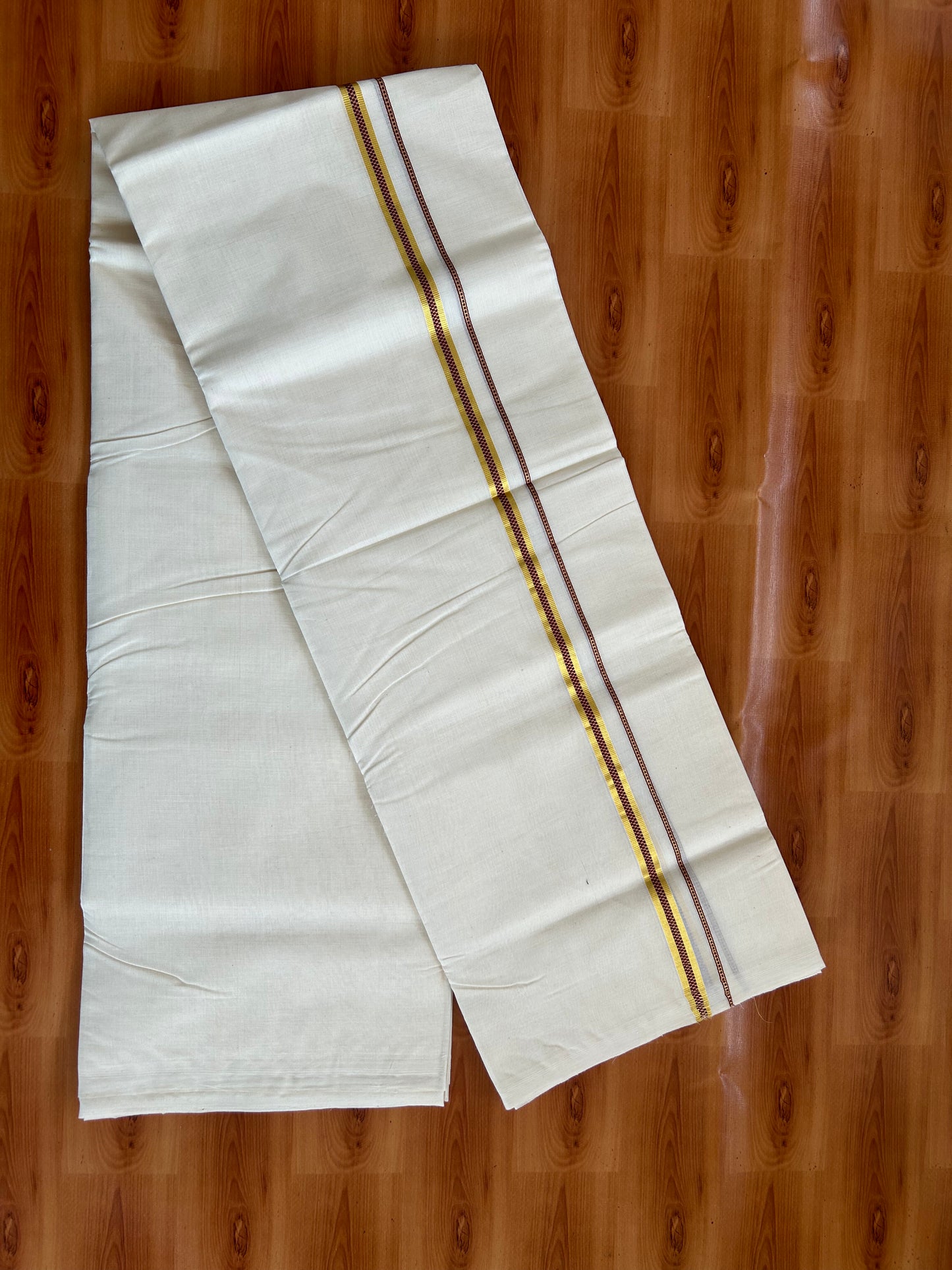 25% Discount ! KaithariKada Handloom Millpaav - Kerala Handloom - 100% Pure Cotton Off White (Unbleached) Double Mundu/Dhoti - 100x80 - 0.5 inch Gold Kasav & Maroon Muthukuri Kara 3.80 mtr (8 Muzham) - 17 KK5380 SOM