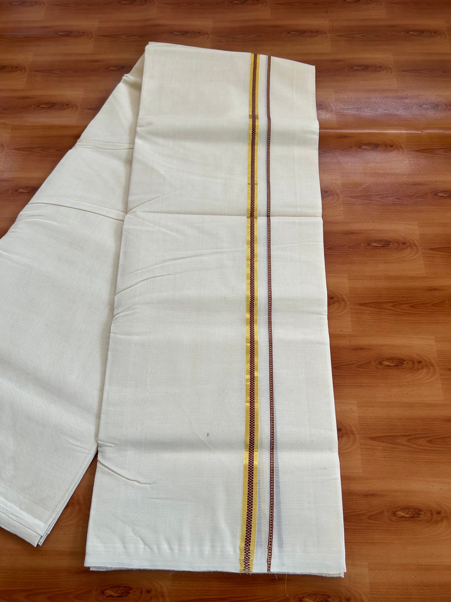 25% Discount ! KaithariKada Handloom Millpaav - Kerala Handloom - 100% Pure Cotton Off White (Unbleached) Double Mundu/Dhoti - 100x80 - 0.5 inch Gold Kasav & Maroon Muthukuri Kara 3.80 mtr (8 Muzham) - 17 KK5380 SOM