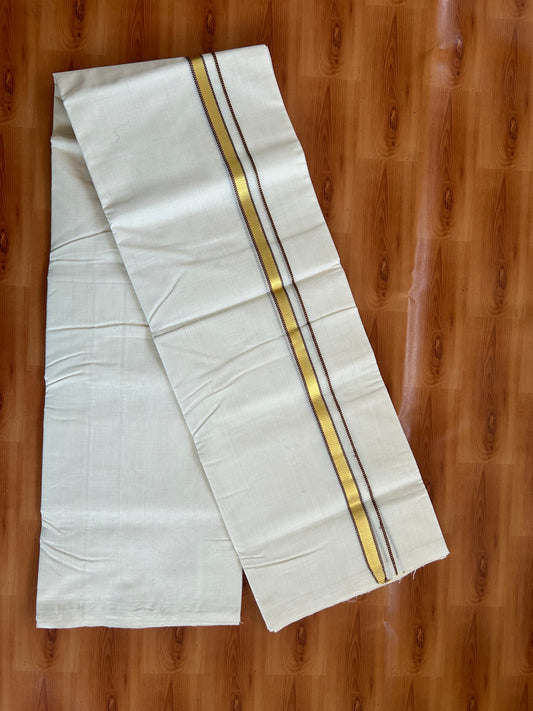 25% Discount ! KaithariKada Handloom Millpaav - Kerala Handloom - 100% Pure Cotton Off White Unbleached) Double Mundu/Dhoti - 100x80 - 0.5 Inch Gold Kasav & Brown Muthukuri Kara 3.80 mtr (8 Muzham) - 81 KK5380 SOM