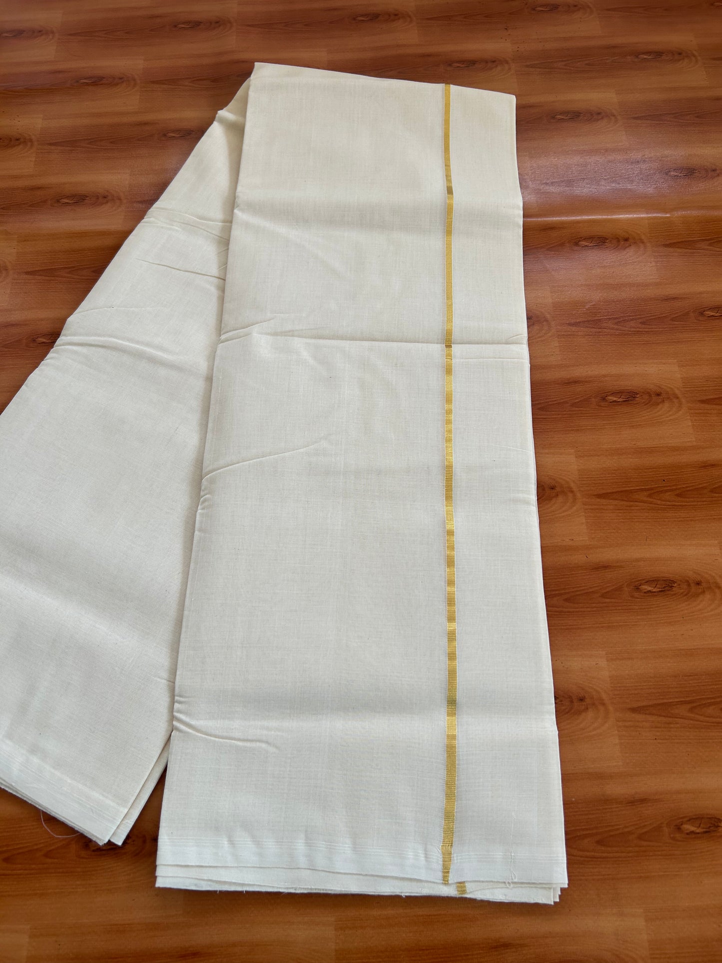 25% Discount! KaithariKada Kerala Handloom Millpaav - 100% Pure Cotton Off White (Unbleached) Double Mundu/Dhoti - 100X80 - 0.5 cm Gold Kasav Kara 3.80 (8Muzham) - 45 KK5380 SOM