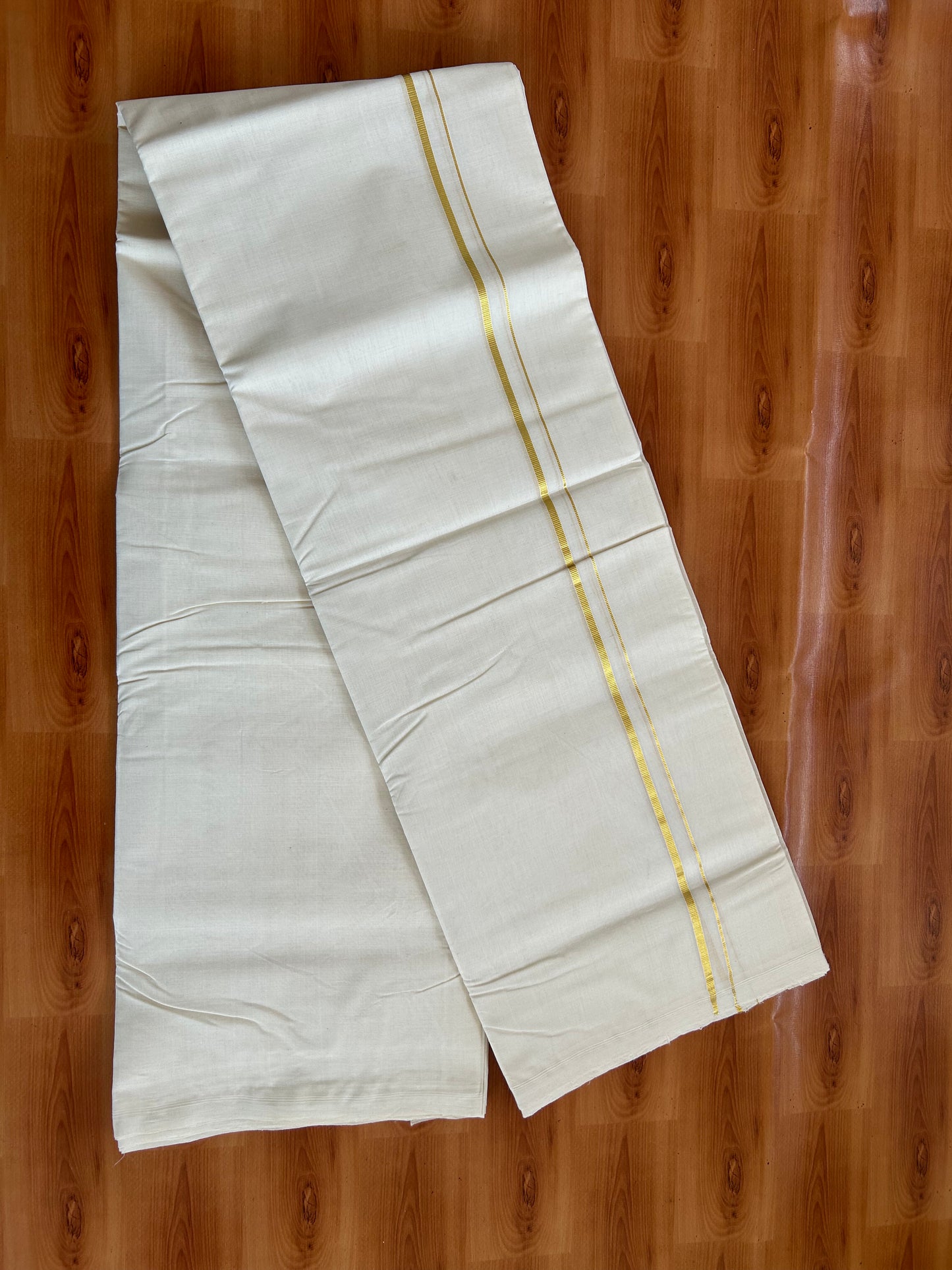 25% Discount! KaithariKada Kerala Handloom Millpaav - 100% Pure Cotton Off White (Unbleached) Double Mundu/Dhoti - 100X80 - 0.5 cm Gold Kasav Kara 3.80 (8Muzham) - 46 KK5380 SOM