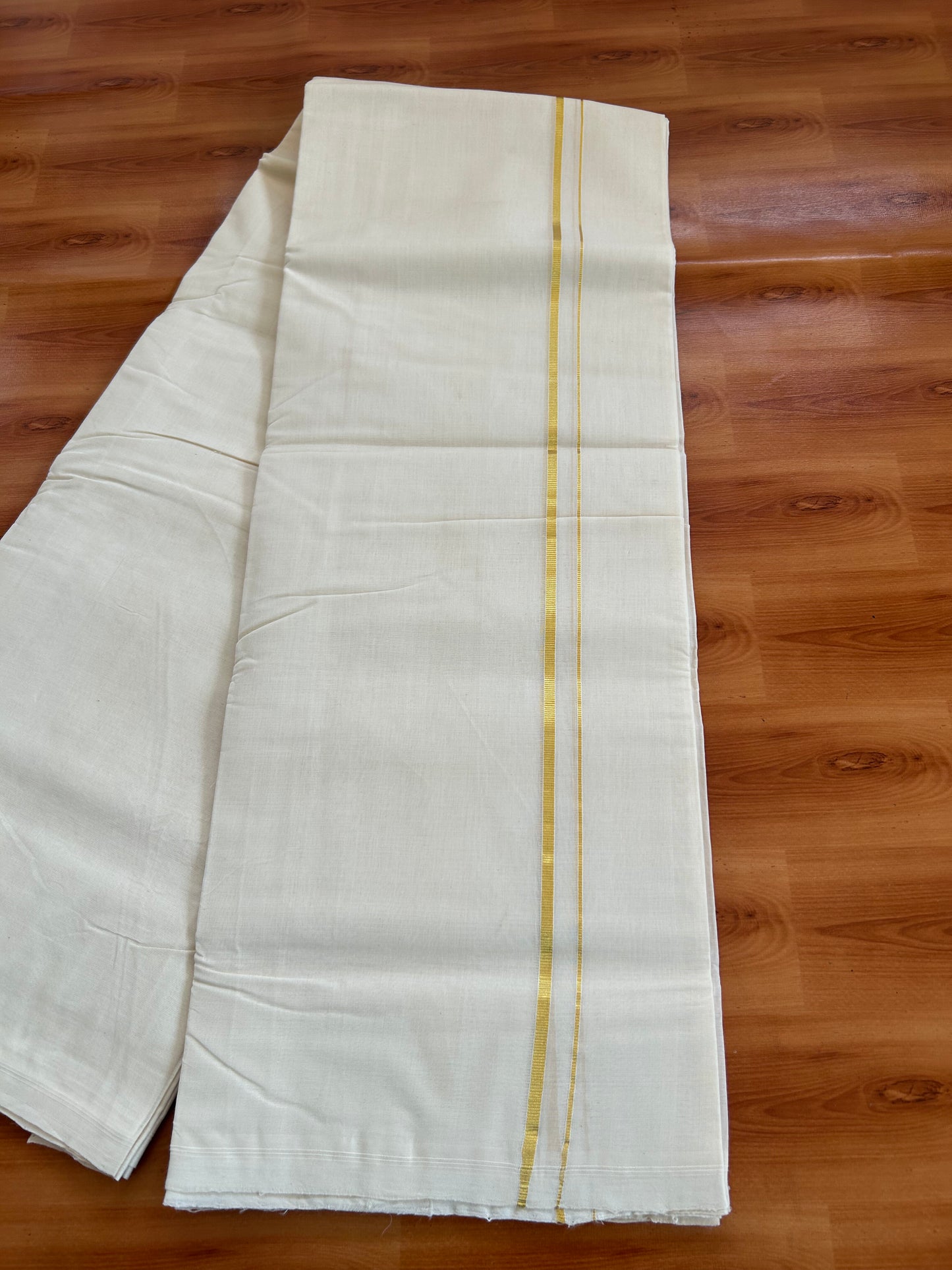 25% Discount! KaithariKada Kerala Handloom Millpaav - 100% Pure Cotton Off White (Unbleached) Double Mundu/Dhoti - 100X80 - 0.5 cm Gold Kasav Kara 3.80 (8Muzham) - 46 KK5380 SOM
