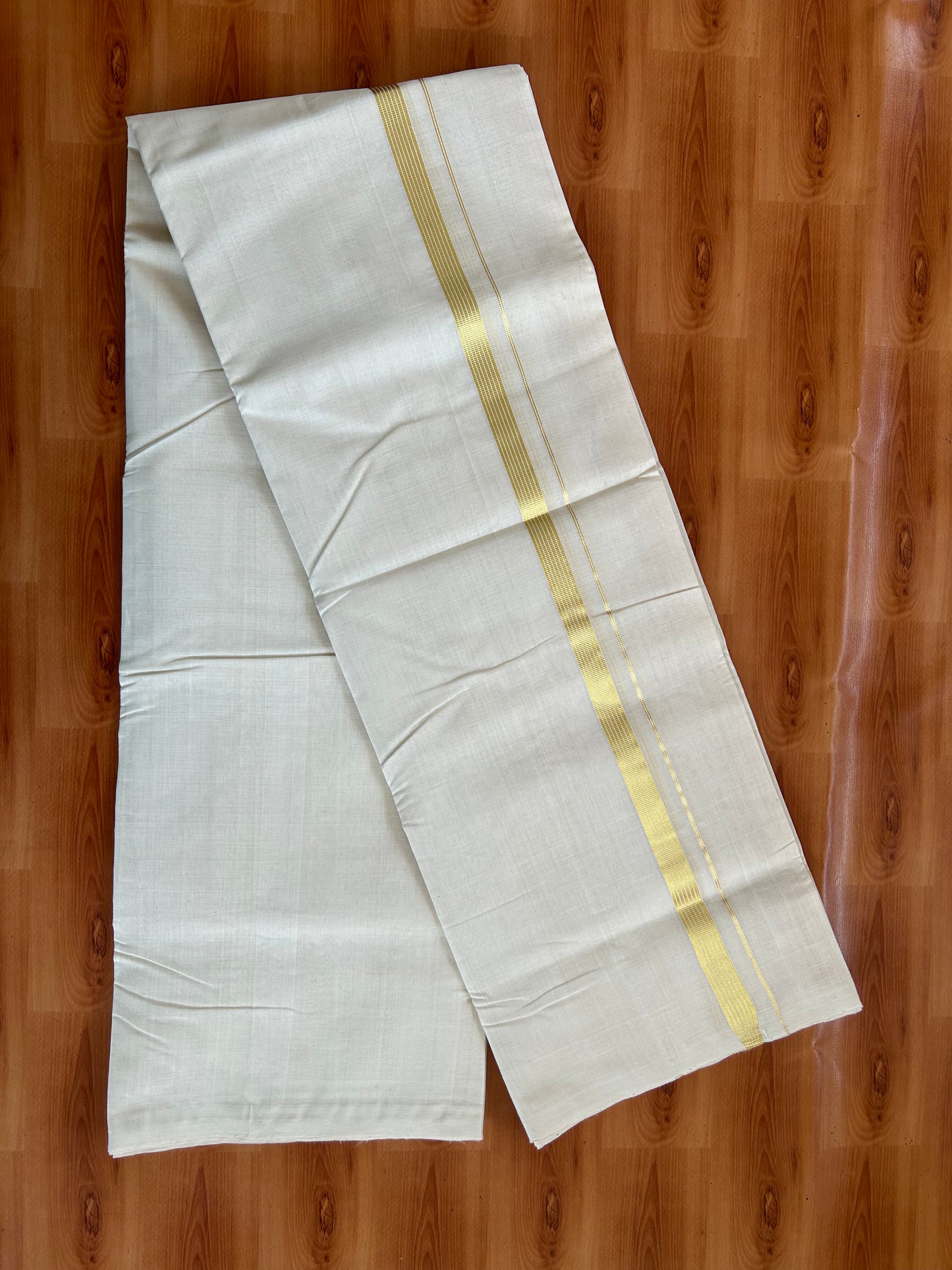 25% Discount! KaithariKada Kerala Handloom Millpaav - 100% Pure Cotton Off White (Unbleached) Double Mundu/Dhoti - 100X80 - 1.5cm Gold Kasav Striped Kara 3.80 (8Muzham) - 47 KK5380 SOM