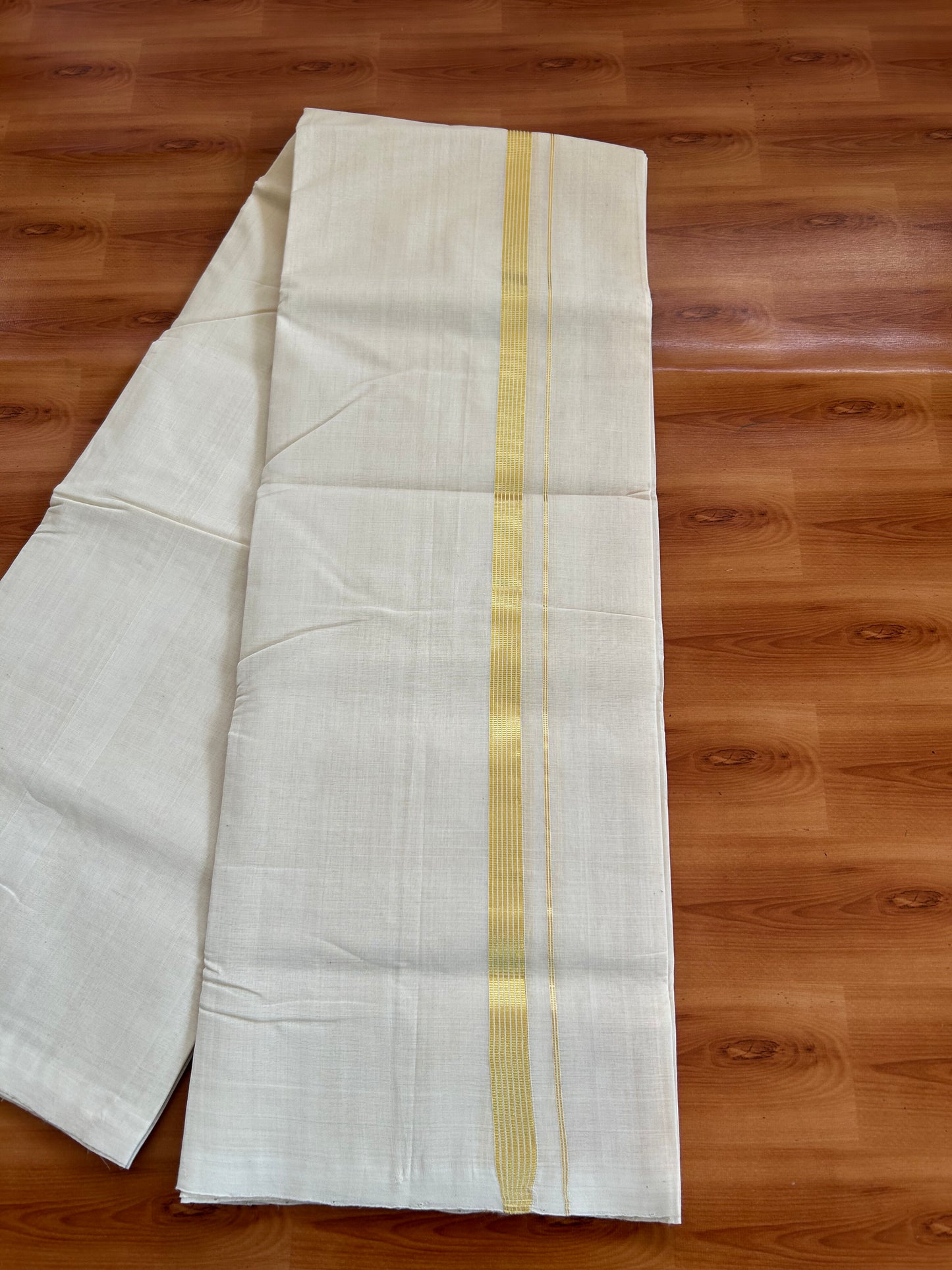 25% Discount! KaithariKada Kerala Handloom Millpaav - 100% Pure Cotton Off White (Unbleached) Double Mundu/Dhoti - 100X80 - 1.5cm Gold Kasav Striped Kara 3.80 (8Muzham) - 47 KK5380 SOM