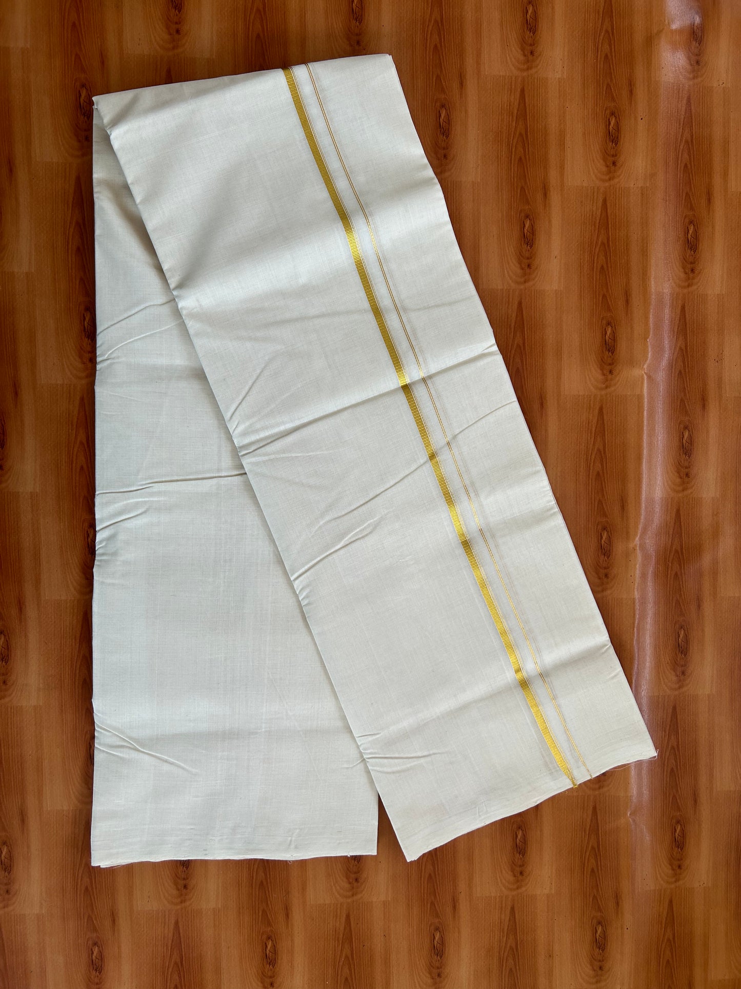 25% Discount! KaithariKada Kerala Handloom Millpaav - 100% Pure Cotton Off White (Unbleached) Double Mundu/Dhoti - 100X80 - 1cm Gold Kasav Striped Kara 3.80 (8 Muzham) - 48 KK5380 SOM