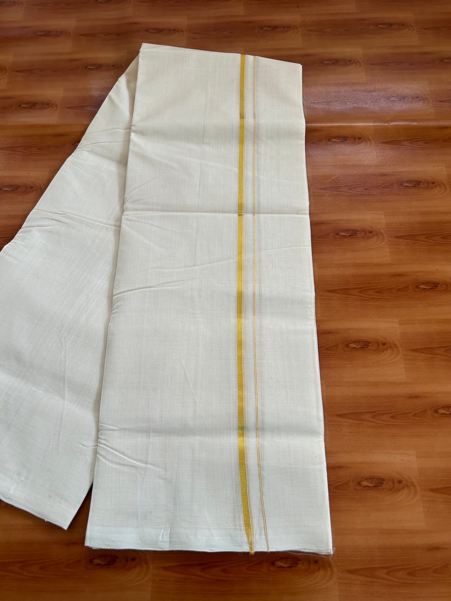 25% Discount! KaithariKada Kerala Handloom Millpaav - 100% Pure Cotton Off White (Unbleached) Double Mundu/Dhoti - 100X80 - 1cm Gold Kasav Striped Kara 3.80 (8 Muzham) - 48 KK5380 SOM