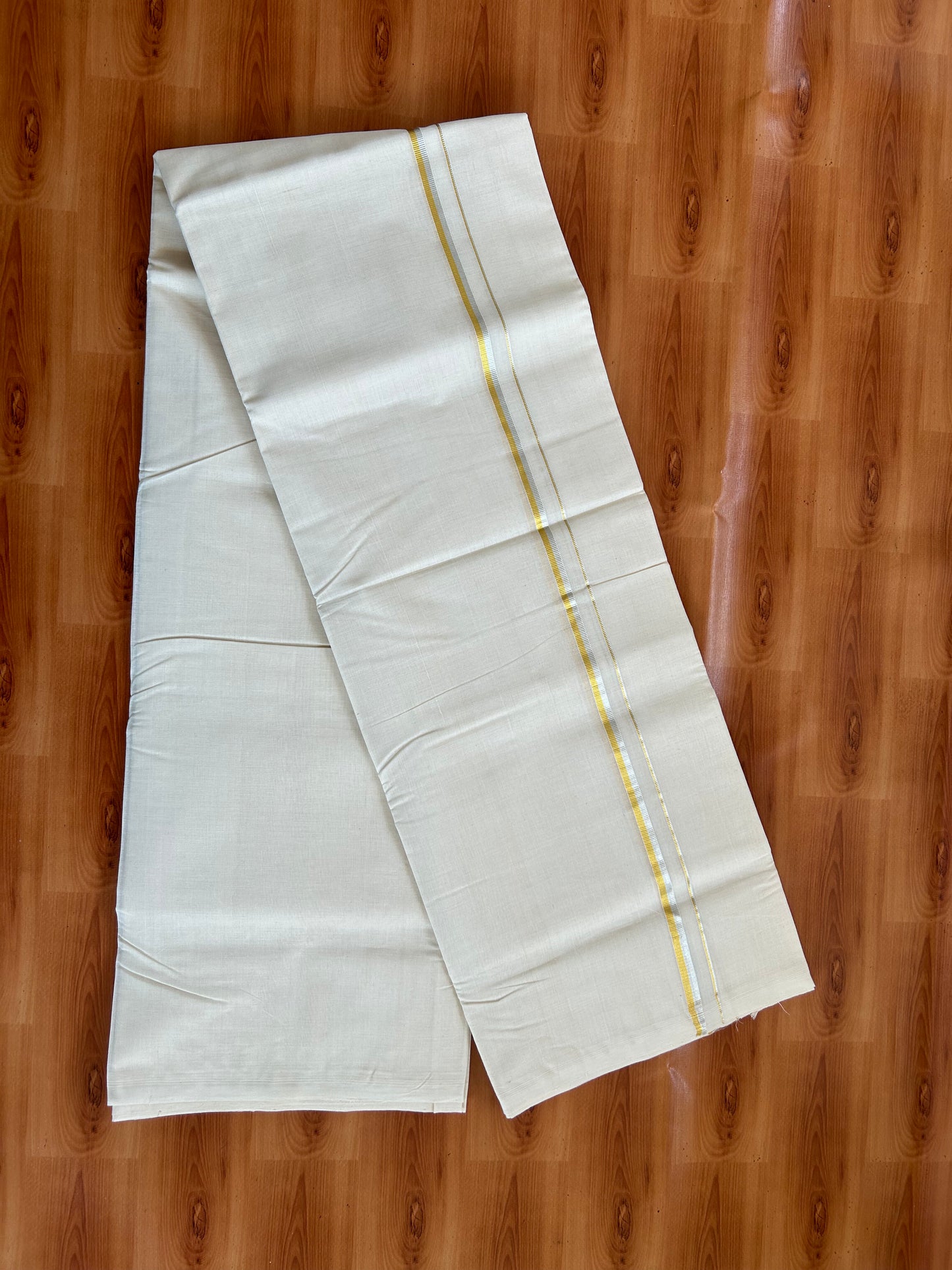 25% Discount! KaithariKada Kerala Handloom Millpaav - 100% Pure Cotton Off White (Unbleached) Double Mundu/Dhoti - 100X80 - 0.8cm Gold & silver Kasav Kara 3.80 (8 Muzham) - 49 KK5380 SOM