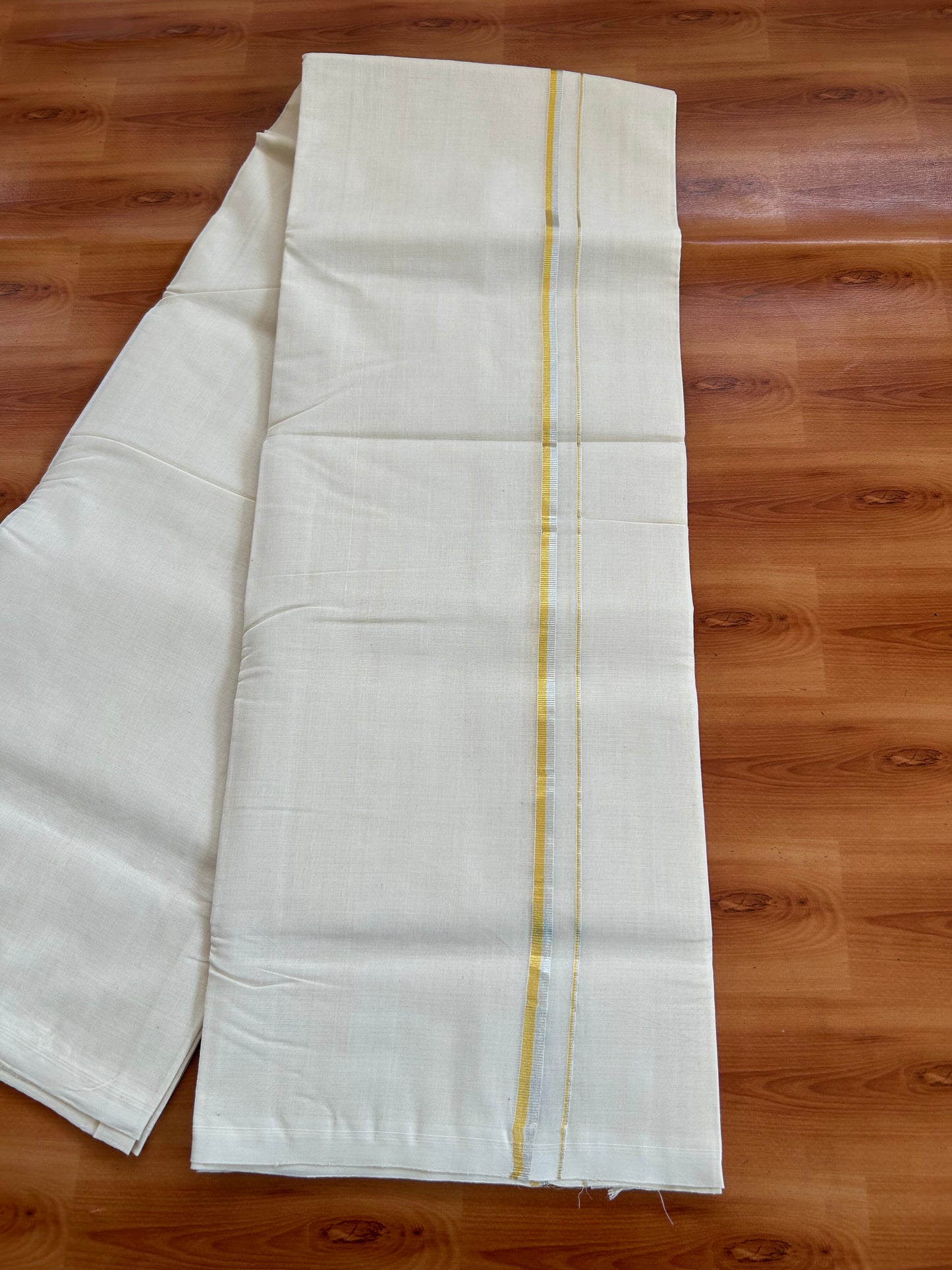 25% Discount! KaithariKada Kerala Handloom Millpaav - 100% Pure Cotton Off White (Unbleached) Double Mundu/Dhoti - 100X80 - 0.8cm Gold & silver Kasav Kara 3.80 (8 Muzham) - 49 KK5380 SOM