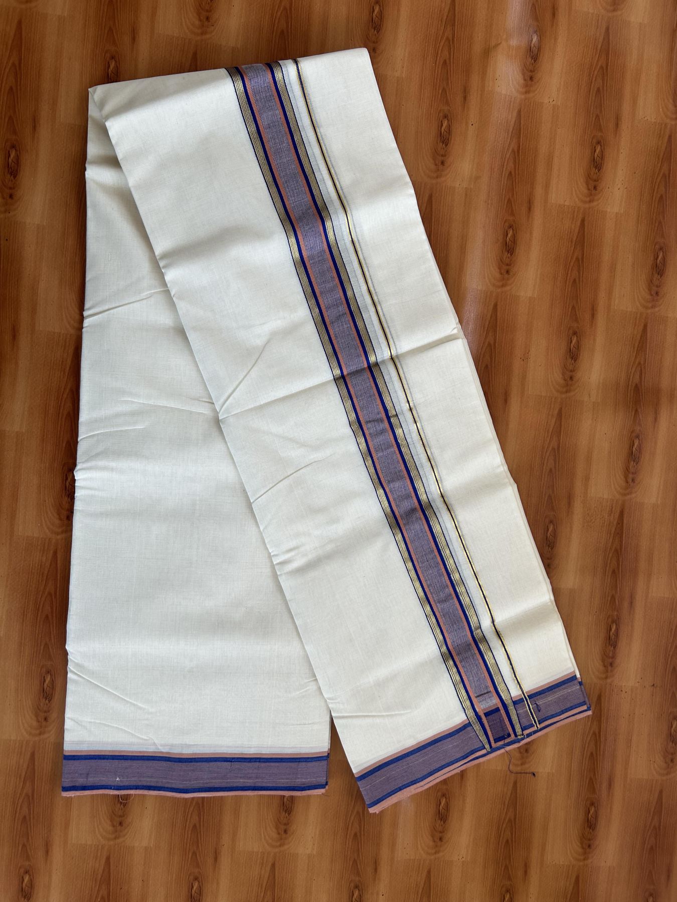 25% Discount ! KaithariKada Handloom Unakkupaav Kerala Handloom - 100% Pure Cotton Off White (Unbleached) Double Mundu/Dhoti - 100x80 - 1.75 inch Gold Kasav Blue & Cinnamon Brown Stripes Kara 3.80 mtr (8 Muzham) - 65 KK5380 SOM
