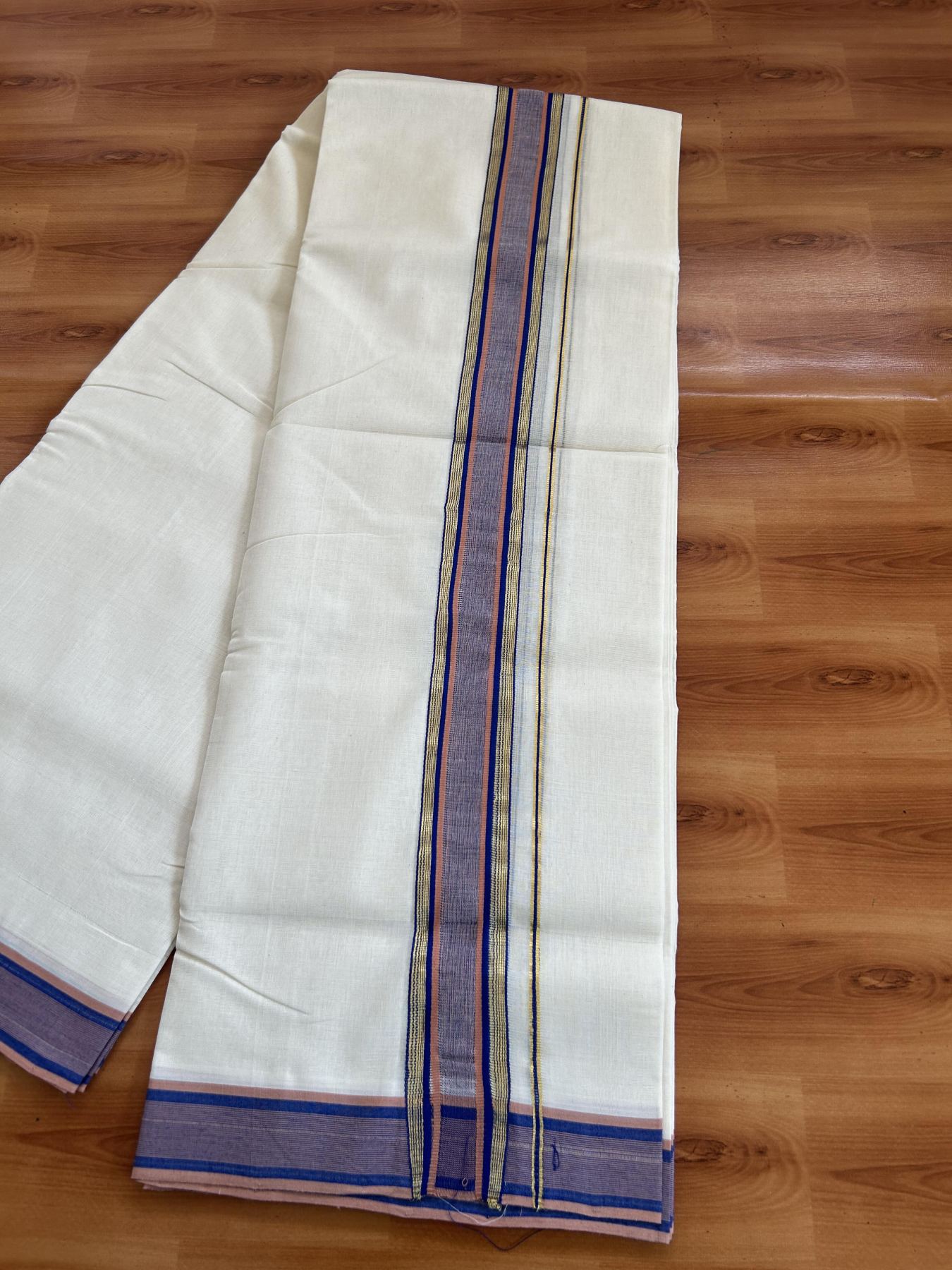 25% Discount ! KaithariKada Handloom Unakkupaav Kerala Handloom - 100% Pure Cotton Off White (Unbleached) Double Mundu/Dhoti - 100x80 - 1.75 inch Gold Kasav Blue & Cinnamon Brown Stripes Kara 3.80 mtr (8 Muzham) - 65 KK5380 SOM
