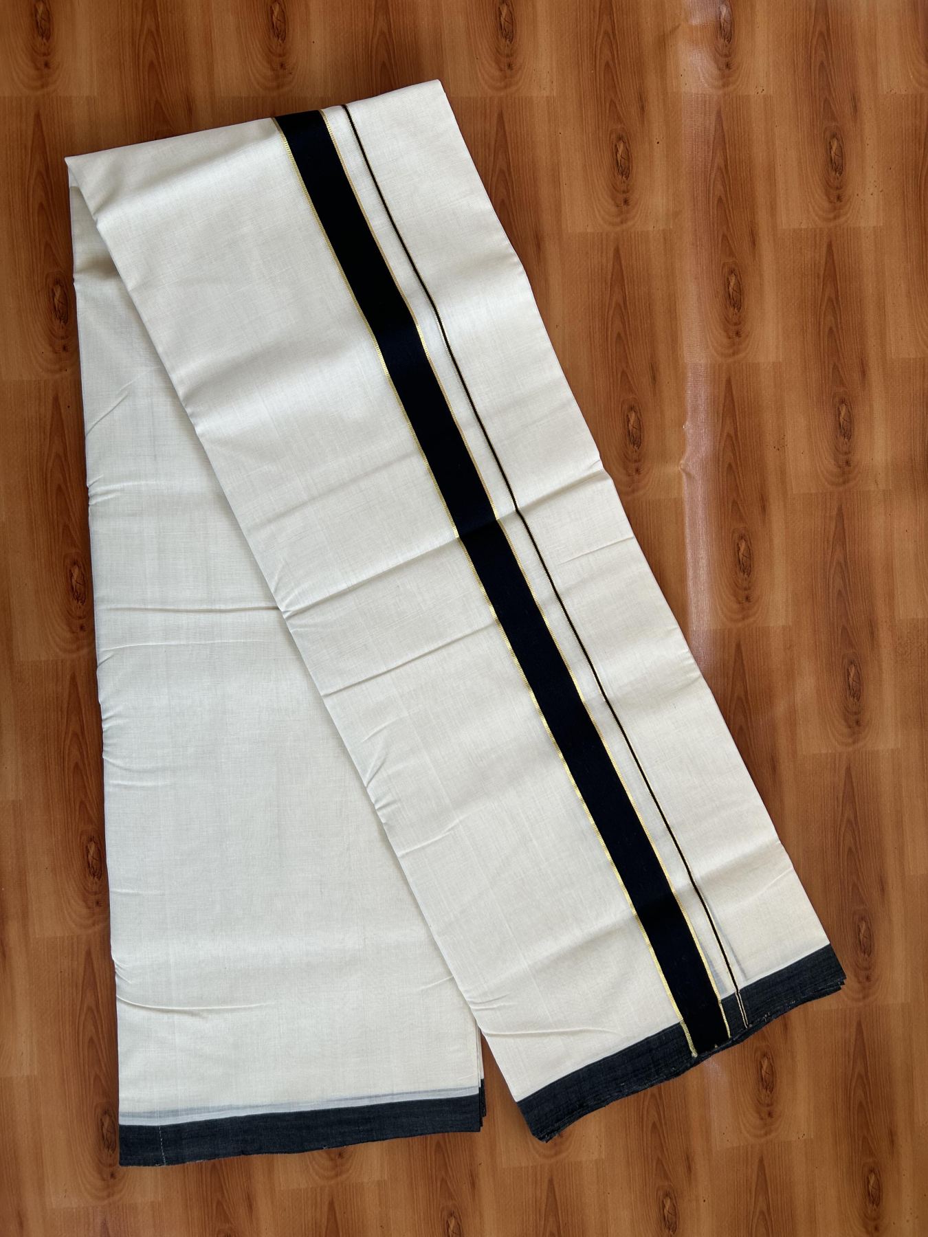 25% Discount ! KaithariKada Handloom Unakkupaav - Kerala Handloom - 100% Pure Cotton Off White (Unbleached) Double Mundu/Dhoti - 100x80 - 1.25 inch Gold Kasav & Black Kara 3.80 mtr (8 Muzham) - 62 KK5380 SOM