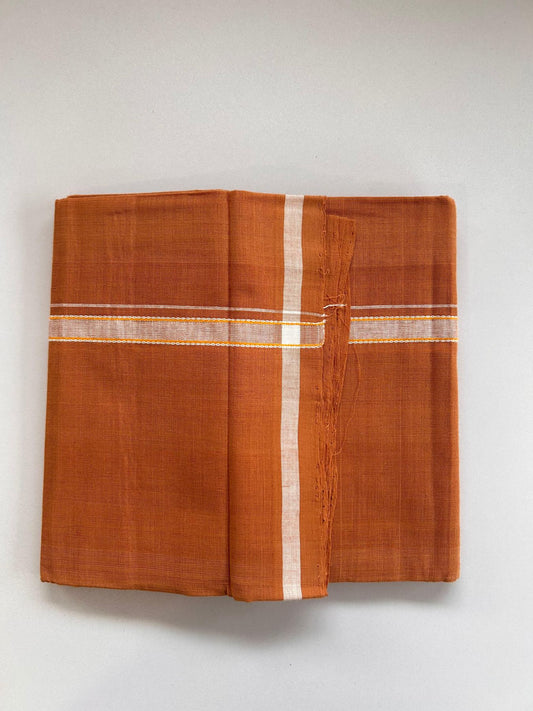 Kerala Handloom Single Kaily/Lungi - KaithariKada 100% Pure Cotton - 40s - 1.5 cm White & Orange Shaded Kara With Kavi Colour Body - (2 meter / 4 muzham) - 26 KK8081 ELA