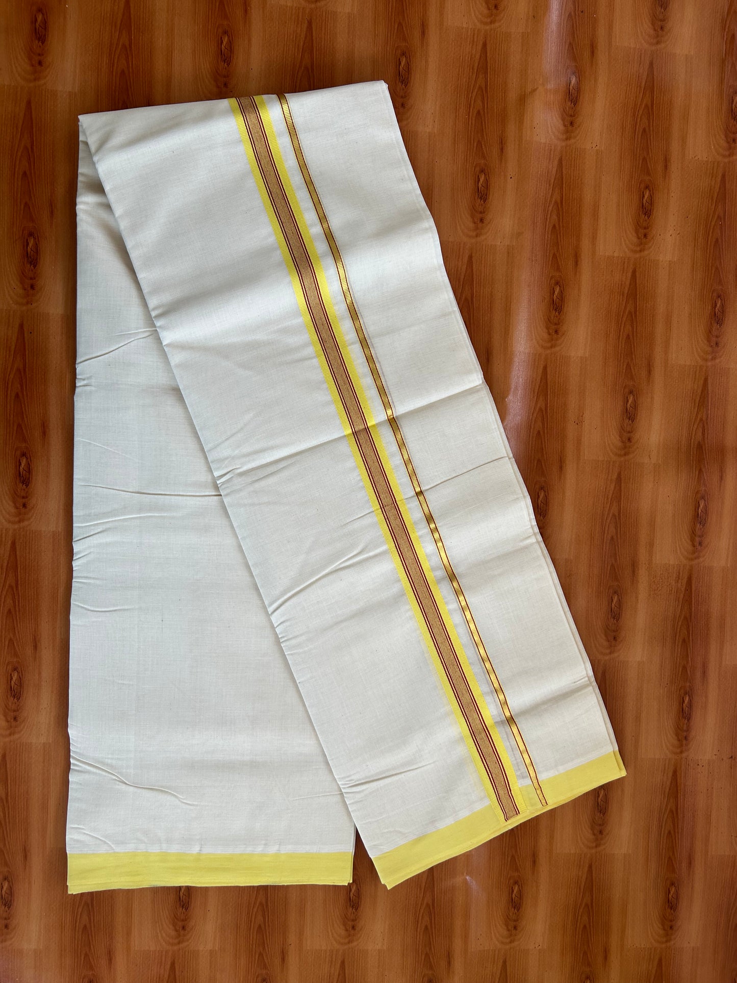25% Discount ! KaithariKada Handloom Unakkupaav - Kerala Handloom - 100% Pure Cotton Off White (Unbleached) Double Mundu/Dhoti - 100x80 - 1 inch Gold Kasav & Yellow Red striped Kara 3.80 mtr (8 Muzham) - 58 KK5380 SOM