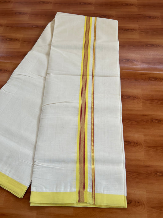 25% Discount ! KaithariKada Handloom Unakkupaav - Kerala Handloom - 100% Pure Cotton Off White (Unbleached) Double Mundu/Dhoti - 100x80 - 1 inch Gold Kasav & Yellow Red striped Kara 3.80 mtr (8 Muzham) - 58 KK5380 SOM