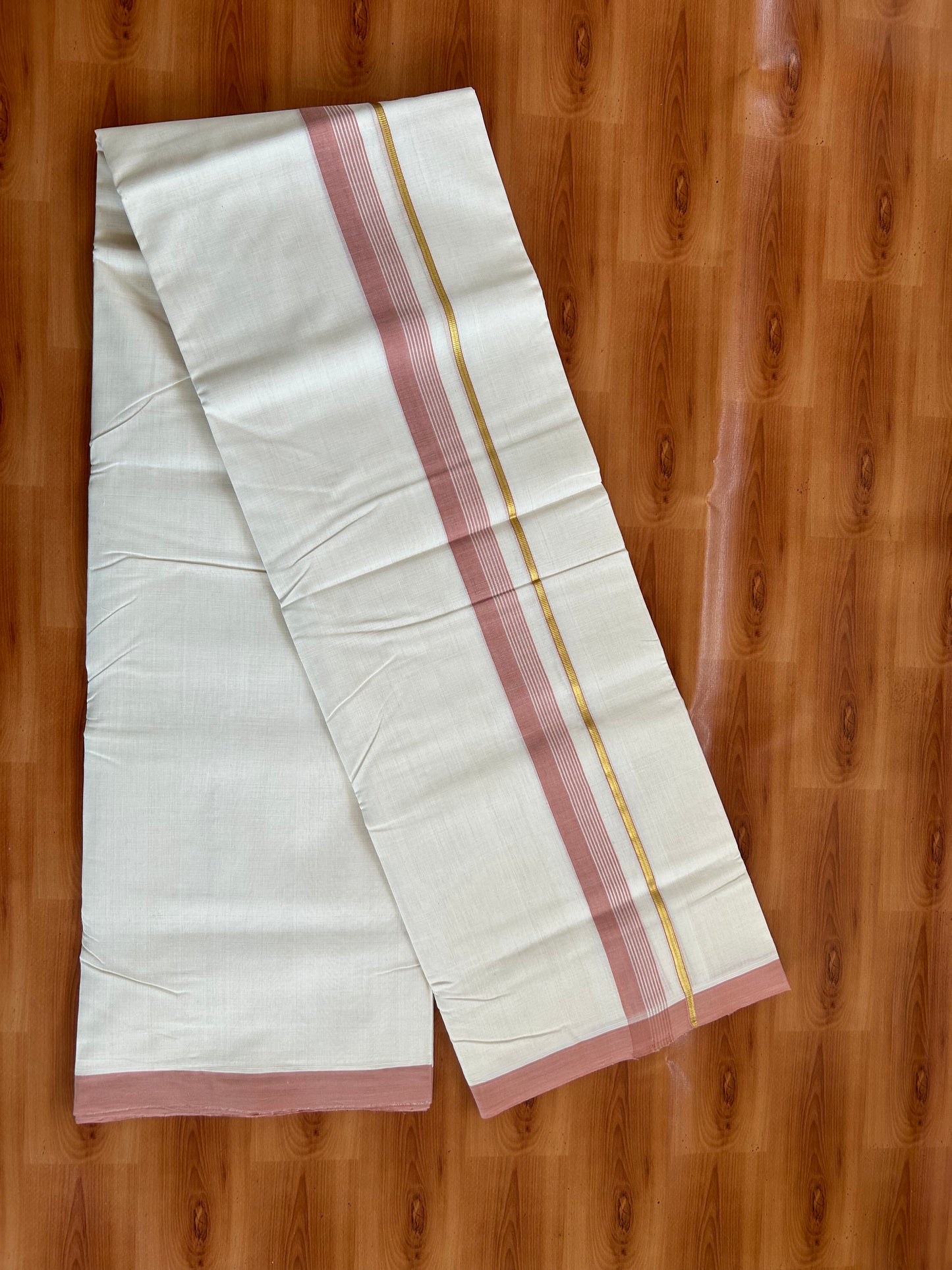 25% Discount ! KaithariKada Handloom Unakkupaav - Kerala Handloom - 100% Pure Cotton Off White (Unbleached) Double Mundu/Dhoti - 100x80 - 1.25 inch Gold Kasav & Dark Peach Orange striped Kara 3.80 mtr (8 Muzham) - 56 KK5380 SOM