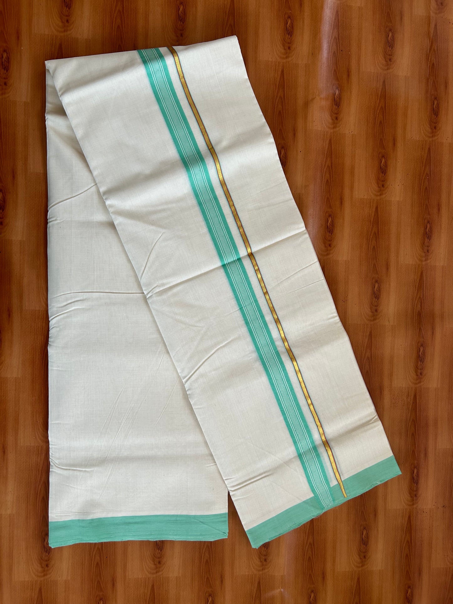 25% Discount ! KaithariKada Handloom Unakkupaav - Kerala Handloom - 100% Pure Cotton Off White (Unbleached) Double Mundu/Dhoti - 100x80 - 1 inch Gold Kasav & Turquoise Green Stripes Kara 3.80 mtr (8 Muzham) - 63 KK5380 SOM