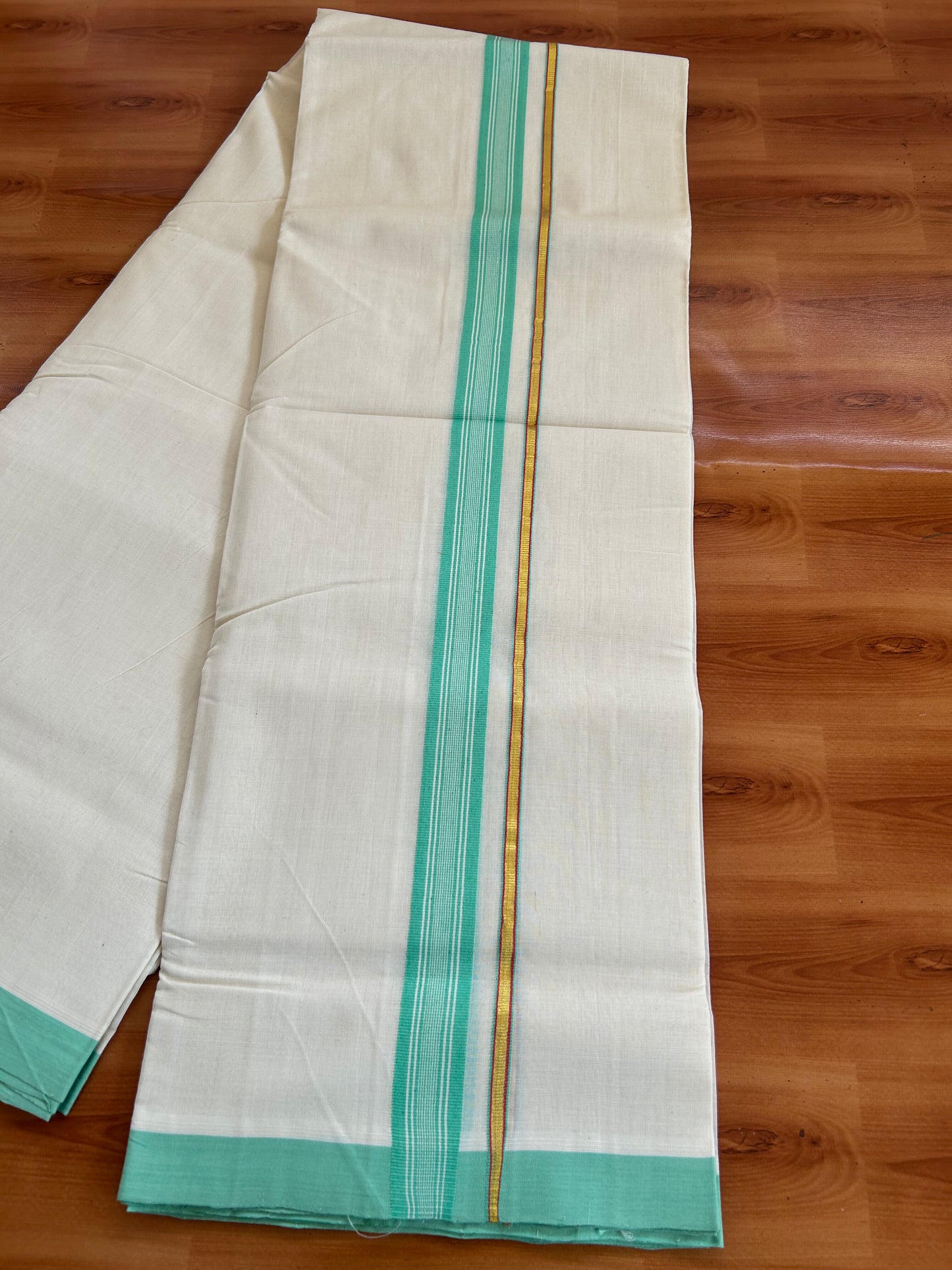 25% Discount ! KaithariKada Handloom Unakkupaav - Kerala Handloom - 100% Pure Cotton Off White (Unbleached) Double Mundu/Dhoti - 100x80 - 1 inch Gold Kasav & Turquoise Green Stripes Kara 3.80 mtr (8 Muzham) - 63 KK5380 SOM