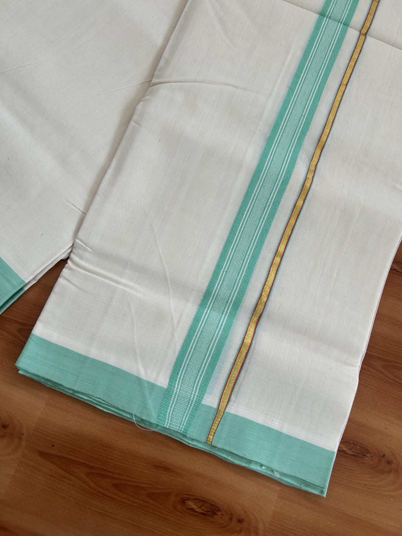 25% Discount ! KaithariKada Handloom Unakkupaav - Kerala Handloom - 100% Pure Cotton Off White (Unbleached) Double Mundu/Dhoti - 100x80 - 1 inch Gold Kasav & Turquoise Green Stripes Kara 3.80 mtr (8 Muzham) - 63 KK5380 SOM