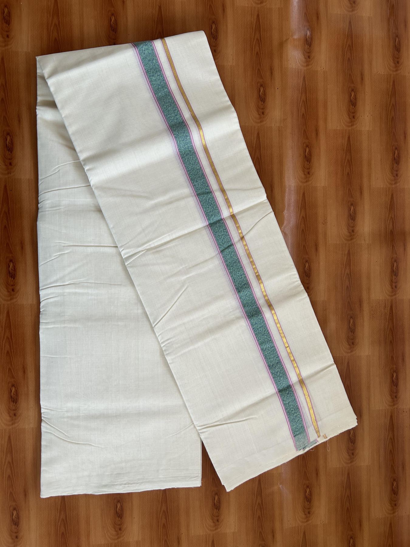 25% Discount ! KaithariKada Handloom Unakkupaav Kerala Handloom - 100% Pure Cotton Off White (Unbleached) Double Mundu/Dhoti - 100x80 - 1 inch Gold Kasav & Multi colour Stripes Kara 3.80 mtr (8 Muzham) - 64 KK5380 SOM