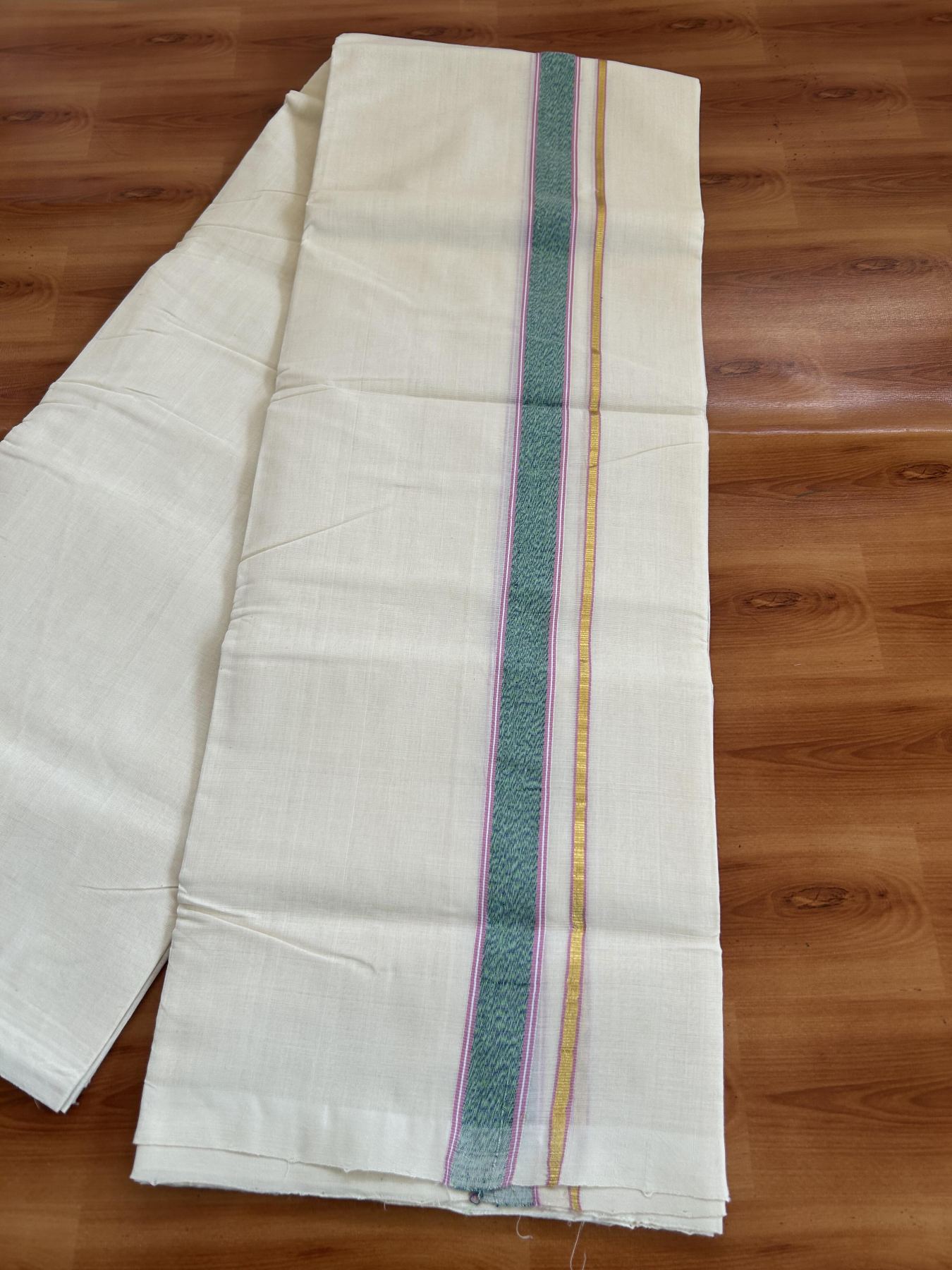 25% Discount ! KaithariKada Handloom Unakkupaav Kerala Handloom - 100% Pure Cotton Off White (Unbleached) Double Mundu/Dhoti - 100x80 - 1 inch Gold Kasav & Multi colour Stripes Kara 3.80 mtr (8 Muzham) - 64 KK5380 SOM