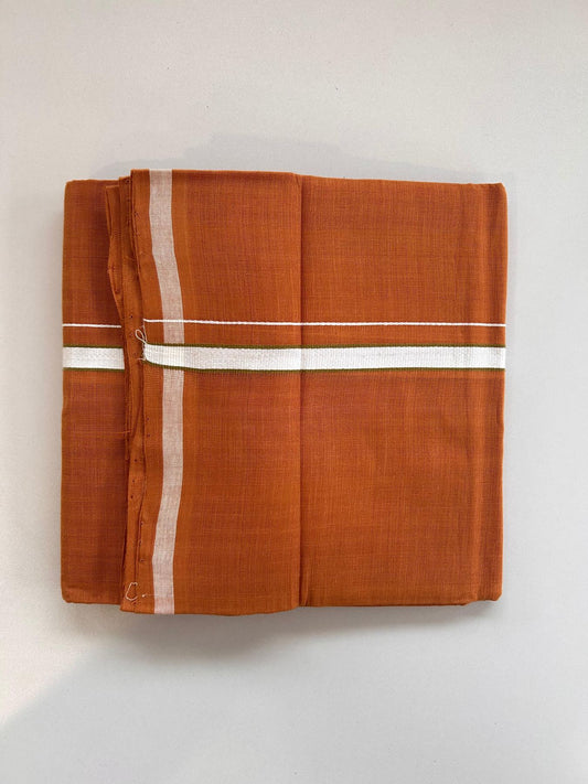 Kerala Handloom Single Kaily/Lungi - KaithariKada 100% Pure Cotton - 40s - 1 cm White & Olive Green Kara With Kavi Colour Body - (2 meter / 4 muzham) - 15 KK8081 ELA
